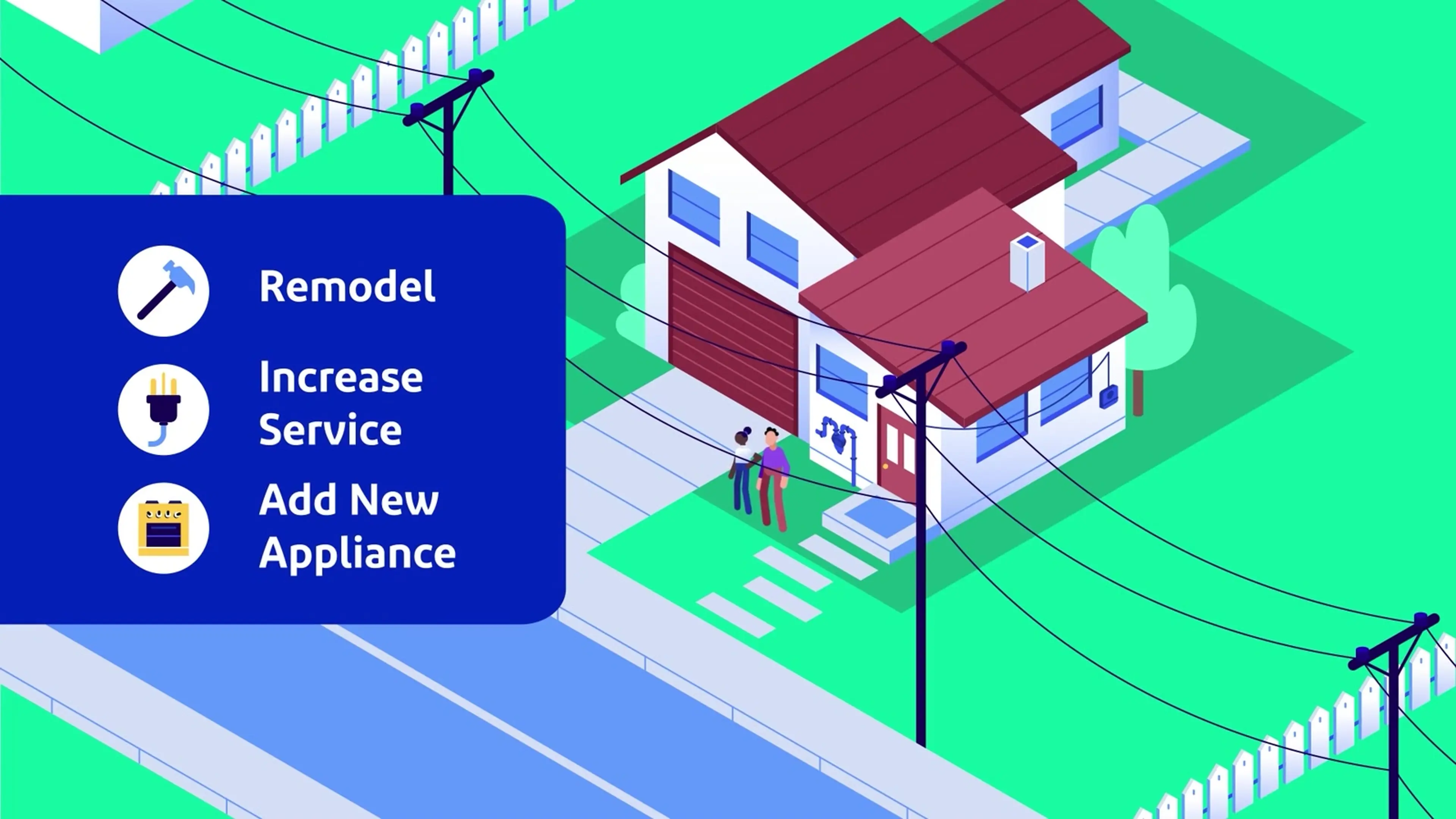Isometric homeowners approaching a house with a full remodel, increase service, and add new appliance checklist, from an animated instructional series for Baltimore Gas and Electric