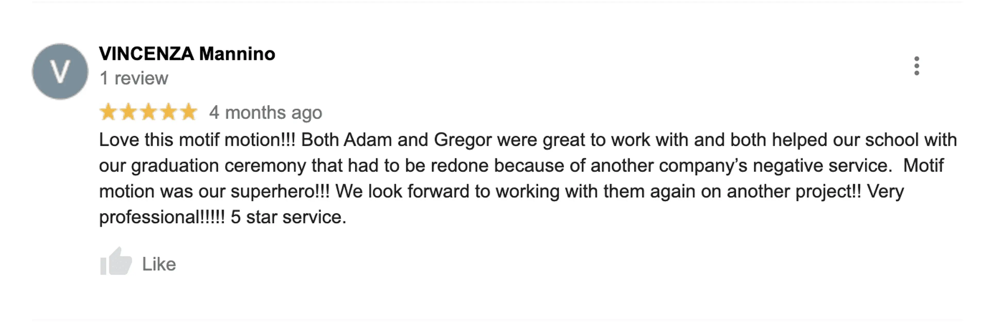 5-star Google review from Vincenza Mannino praising Motifmotion's virtual graduation video service