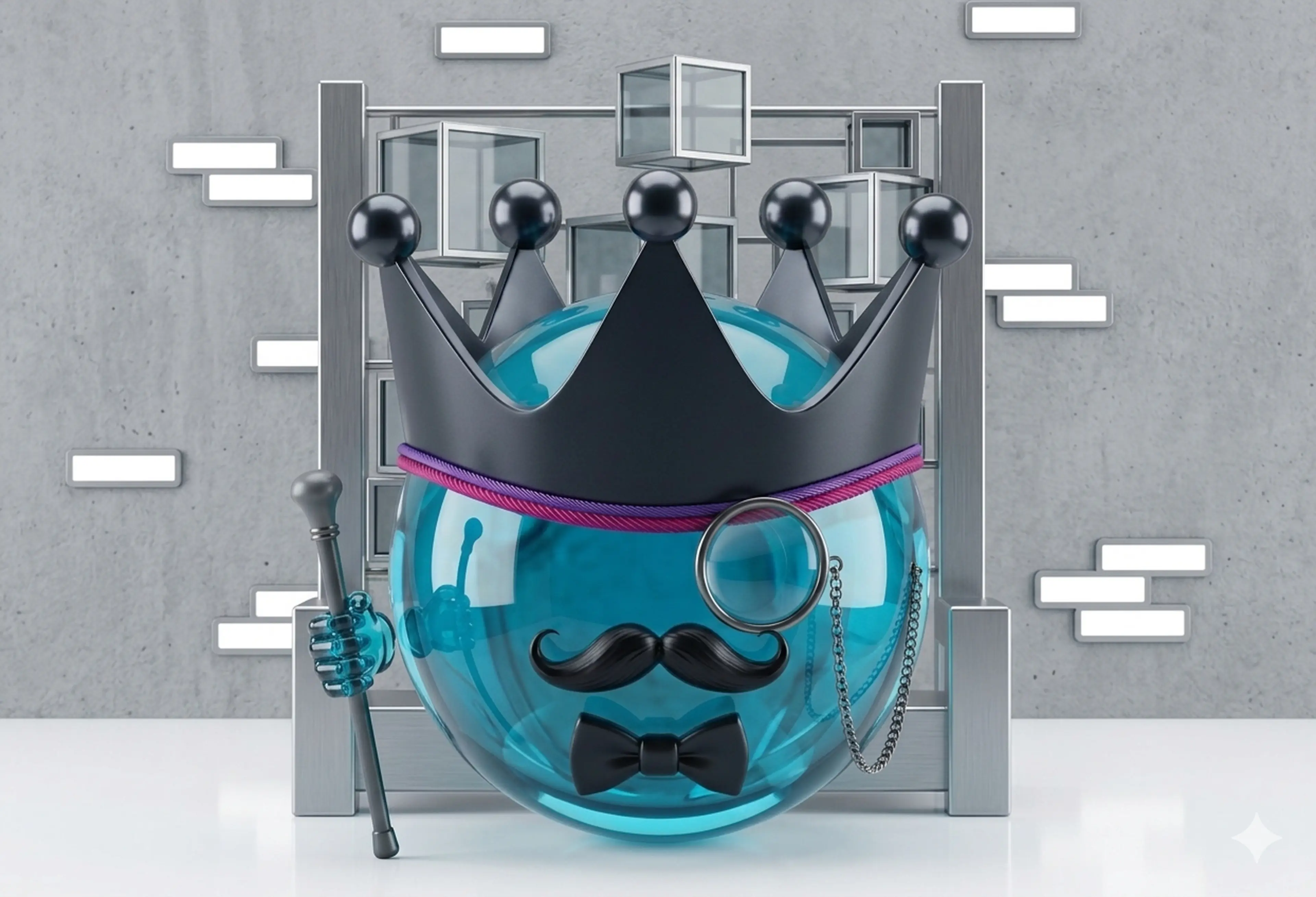 Regal 3D glass sphere character with crown and monocle, surrounded by blank context labels