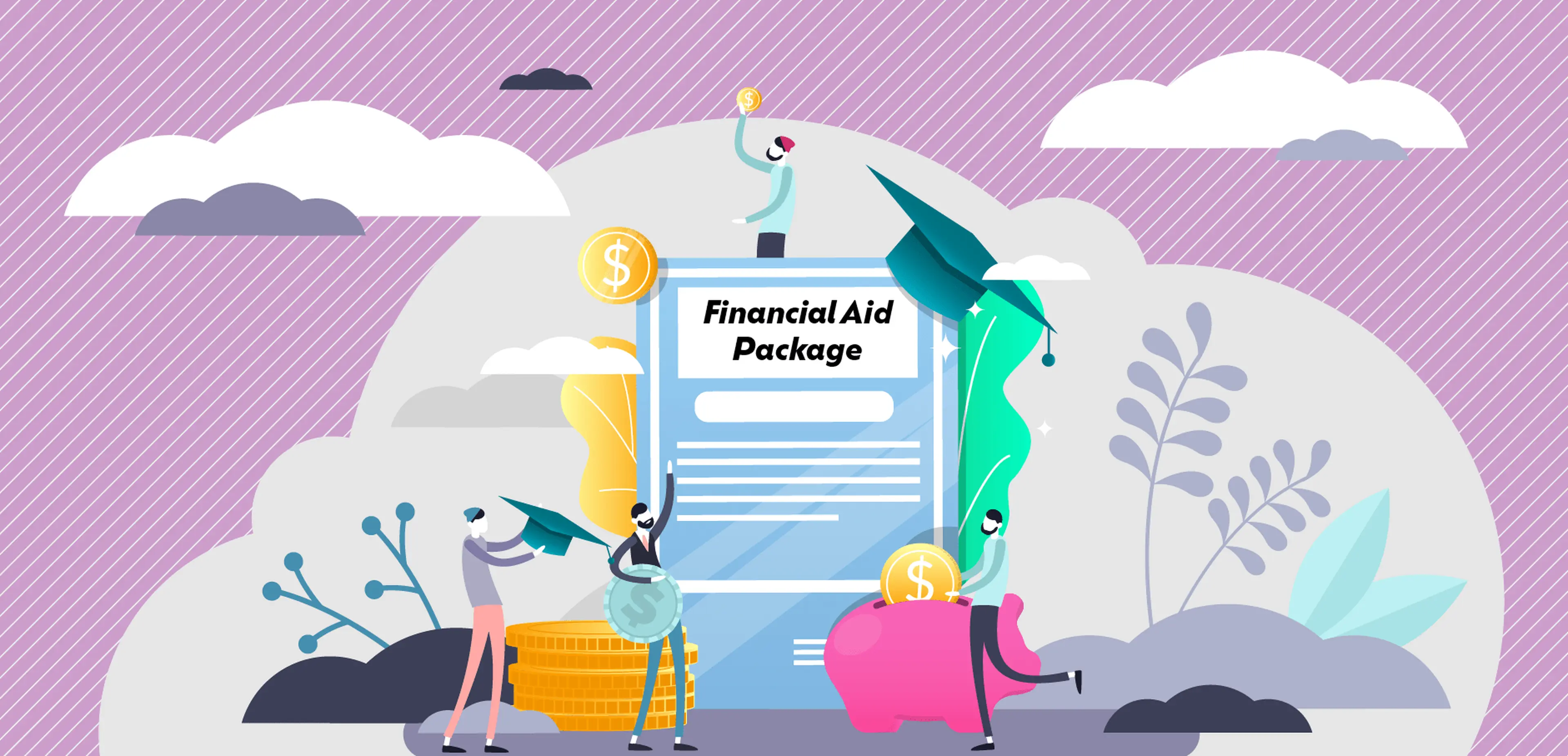 Illustrated financial aid package document surrounded by graduation caps, coins, and a piggy bank