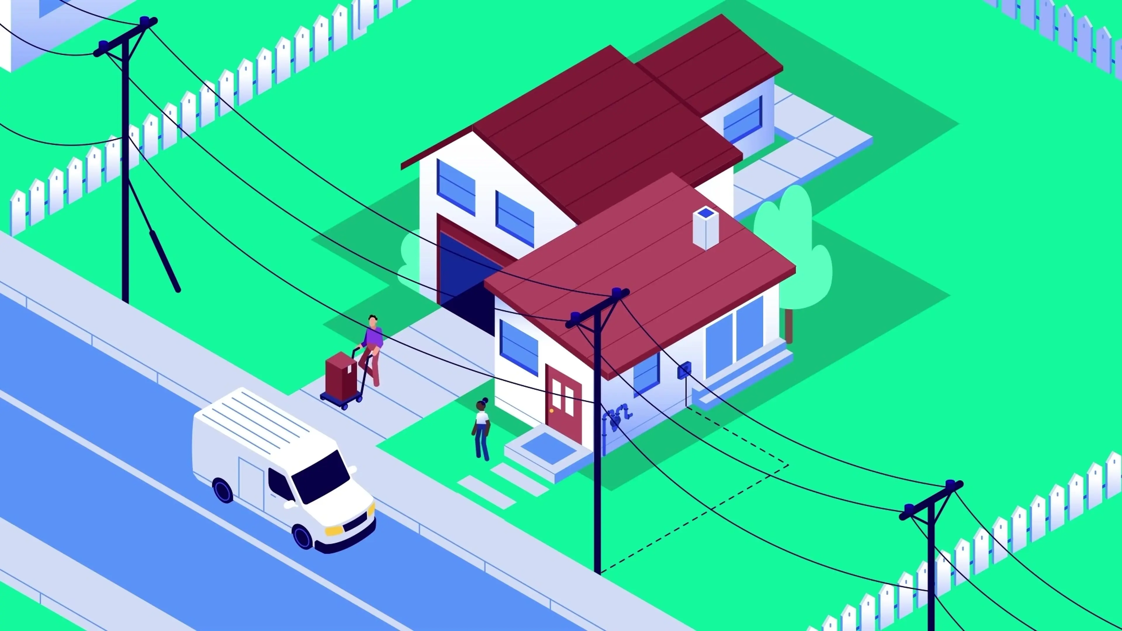 Animated delivery worker unloading boxes at a suburban home — still from a compliance training video