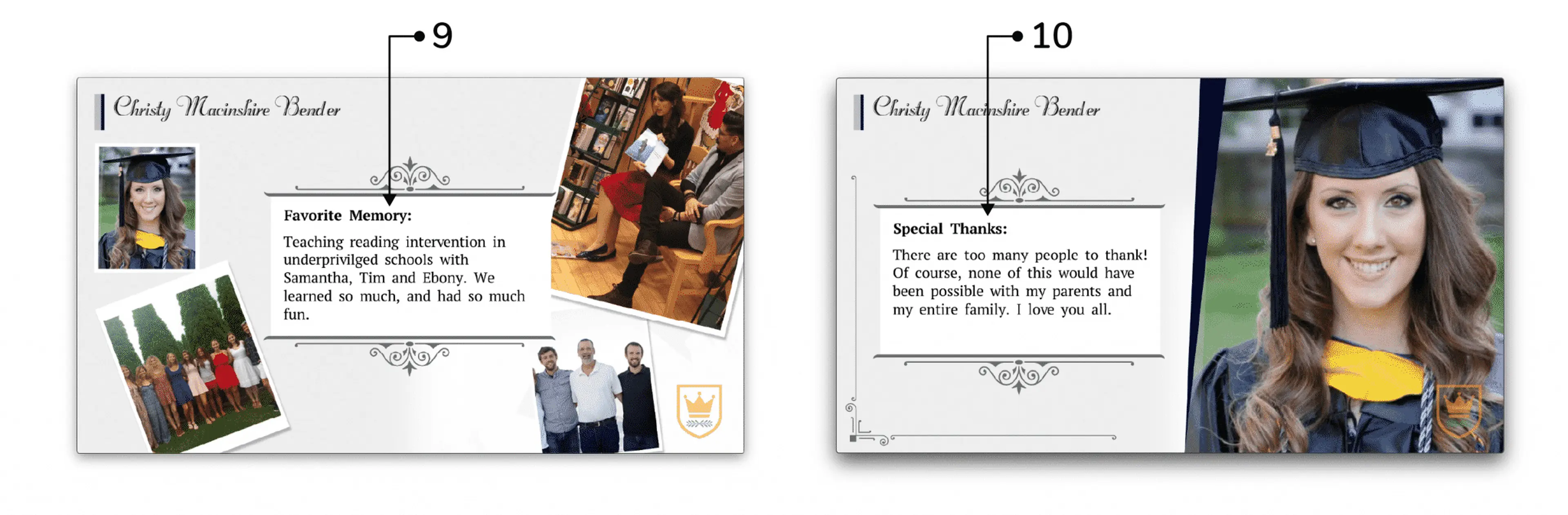 Two personalized graduation video slides showing customizable memory and special thanks sections