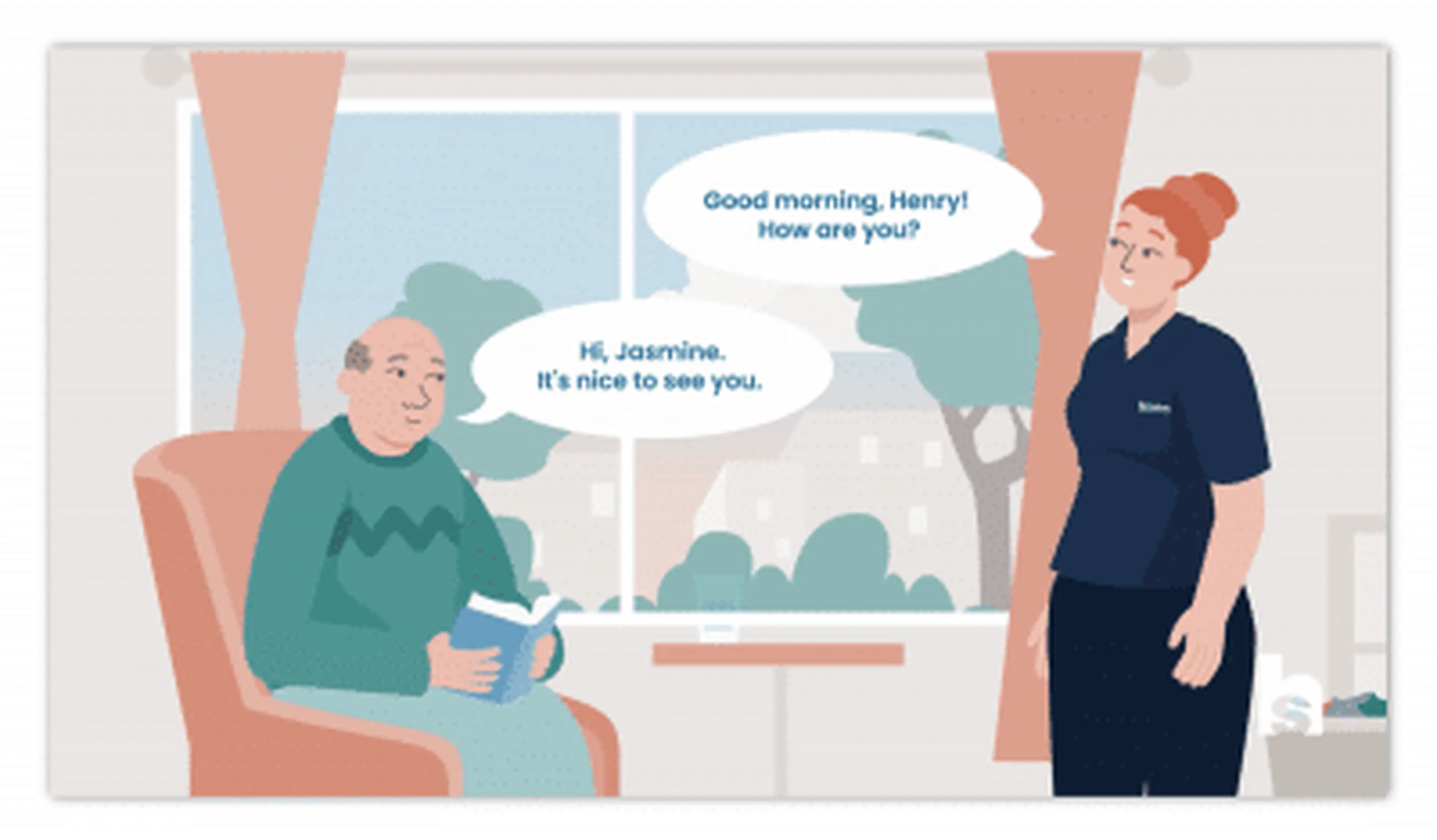 Animated scene of a caregiver greeting an elderly resident, from a Motifmotion training video