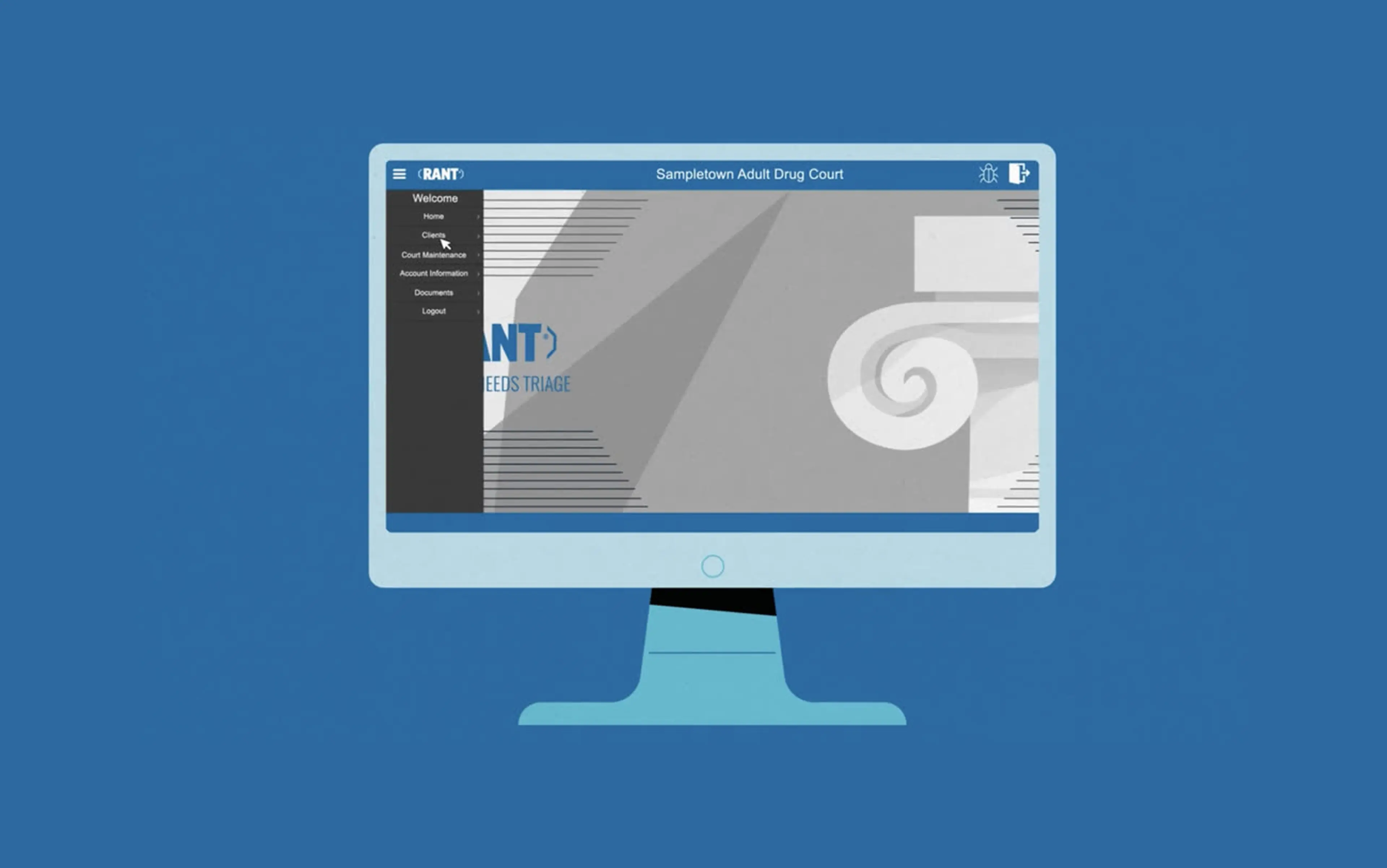 Animated desktop mockup showing the RANT drug court case management dashboard UI