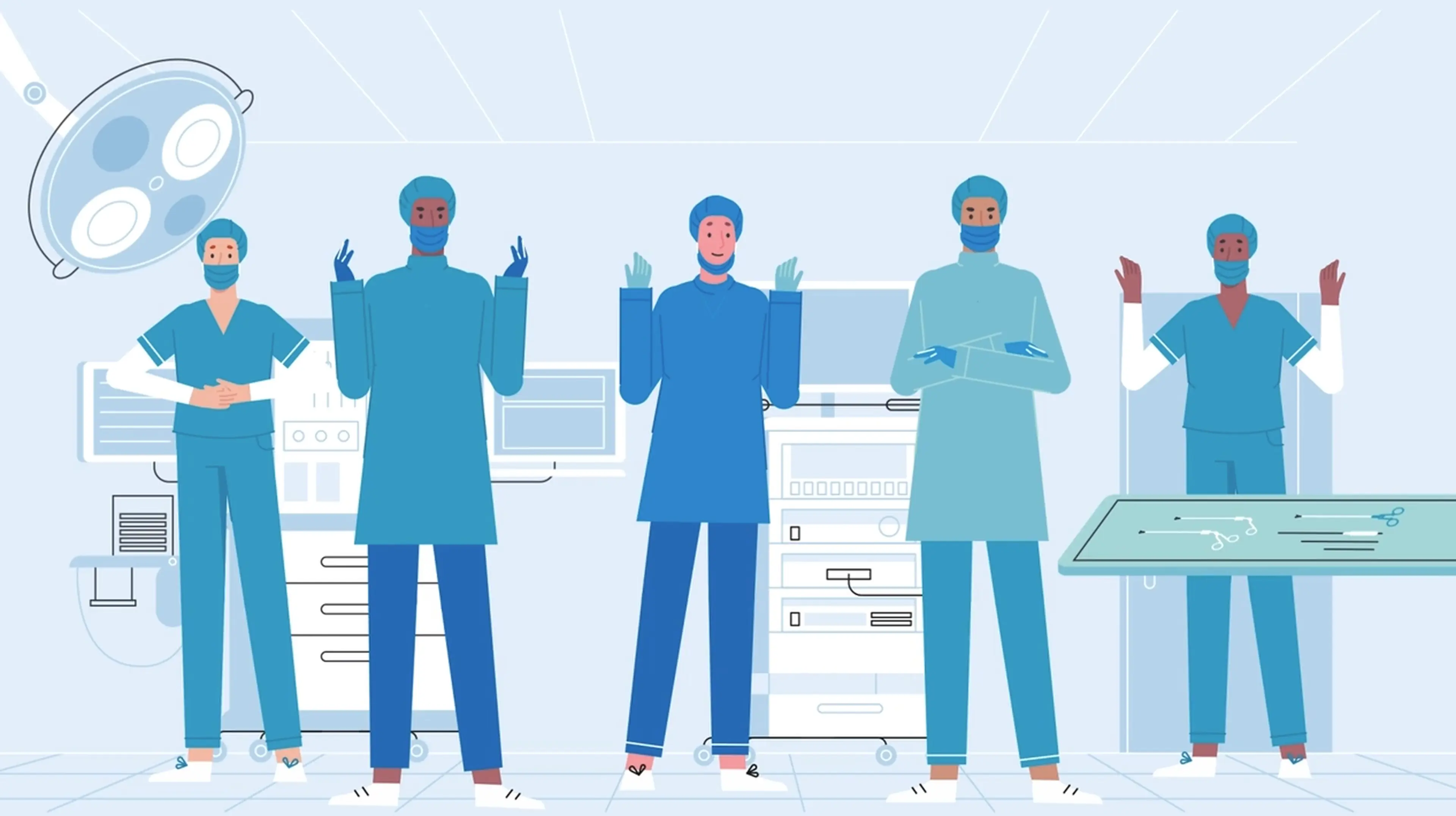 Animated surgical team in scrubs and masks standing in an operating room
