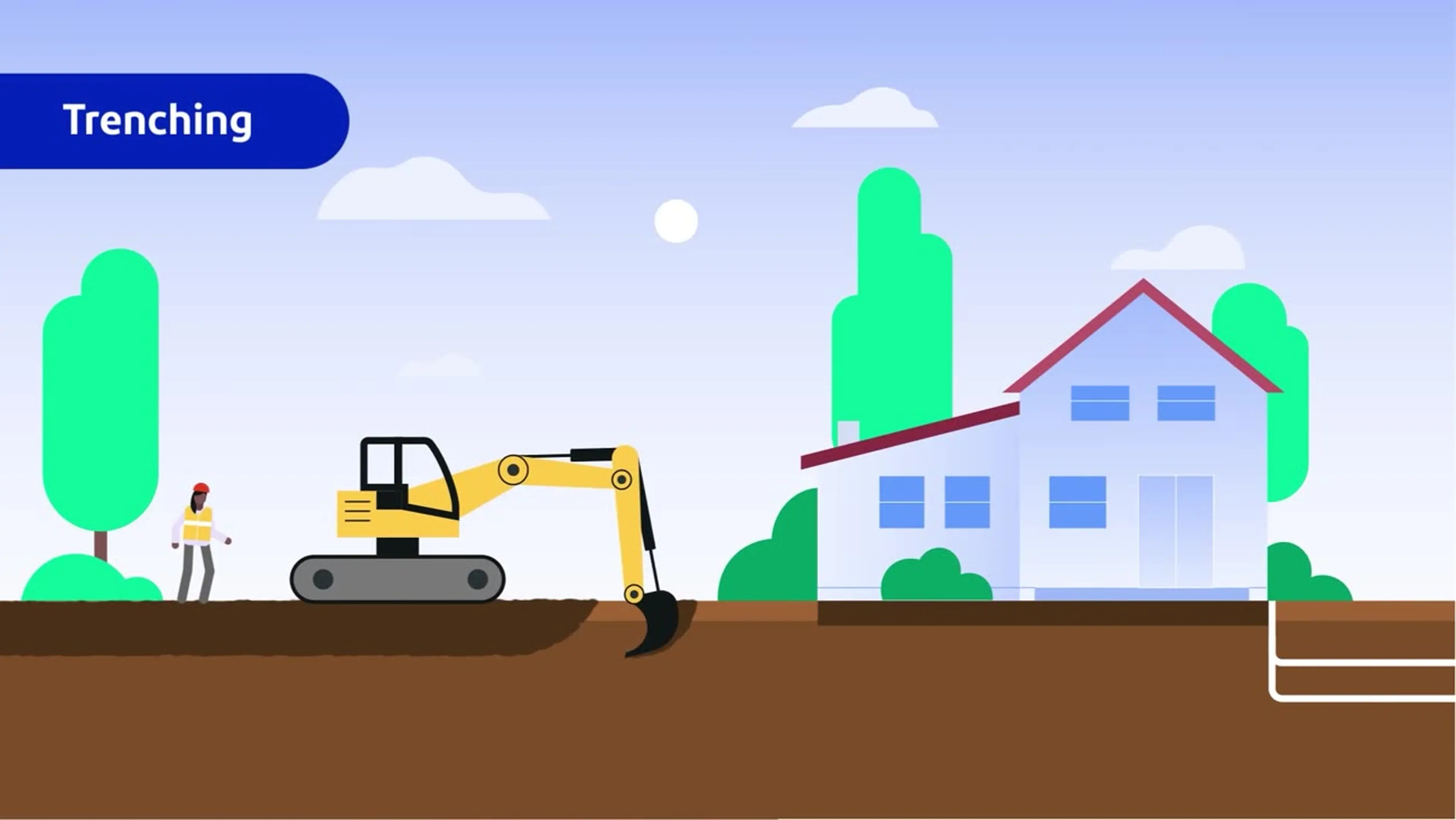 Animated excavator trenching near a house — still from a BGE utility service modification instructional video