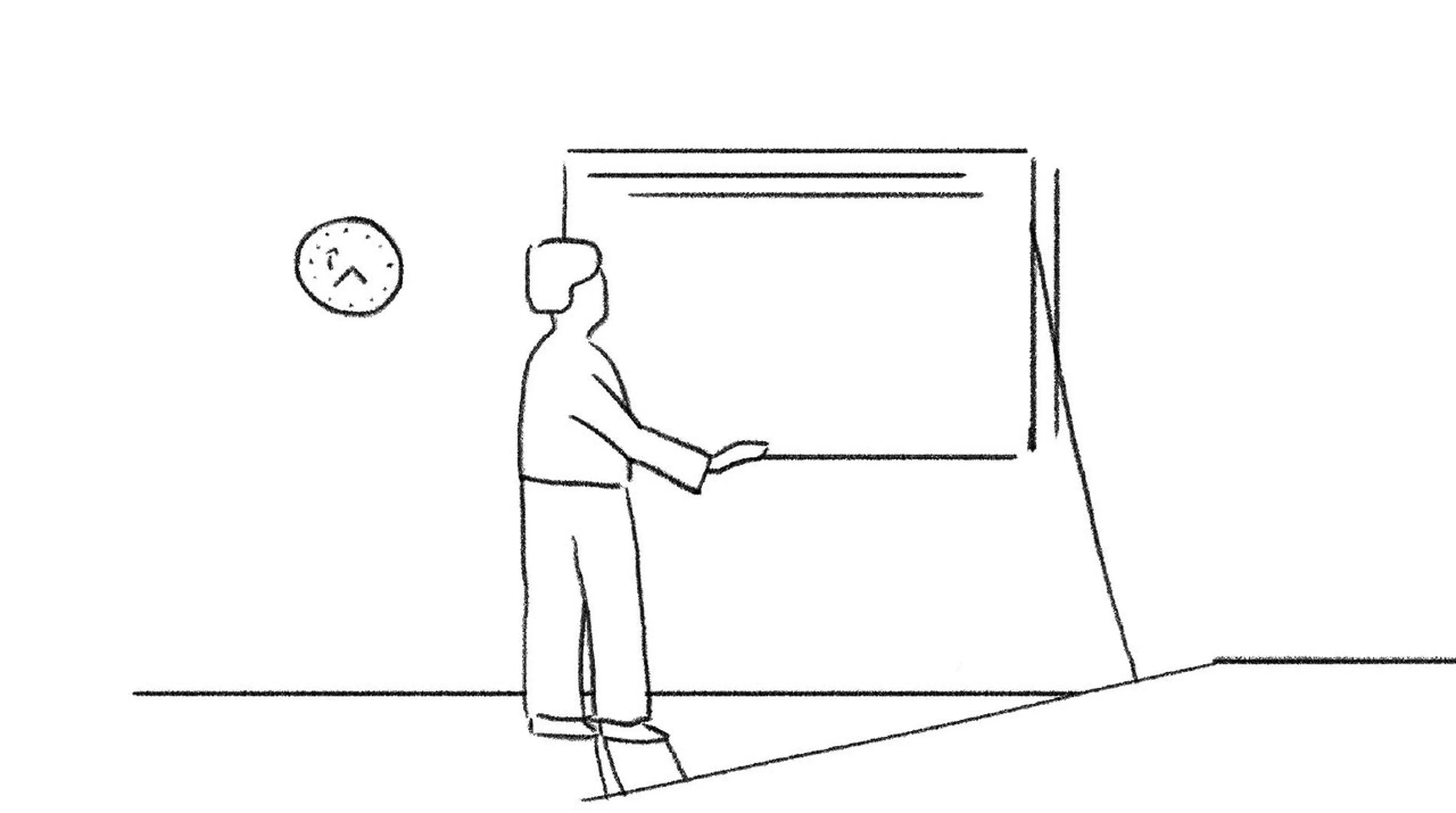 Storyboard sketch of a figure presenting at a whiteboard with a wall clock