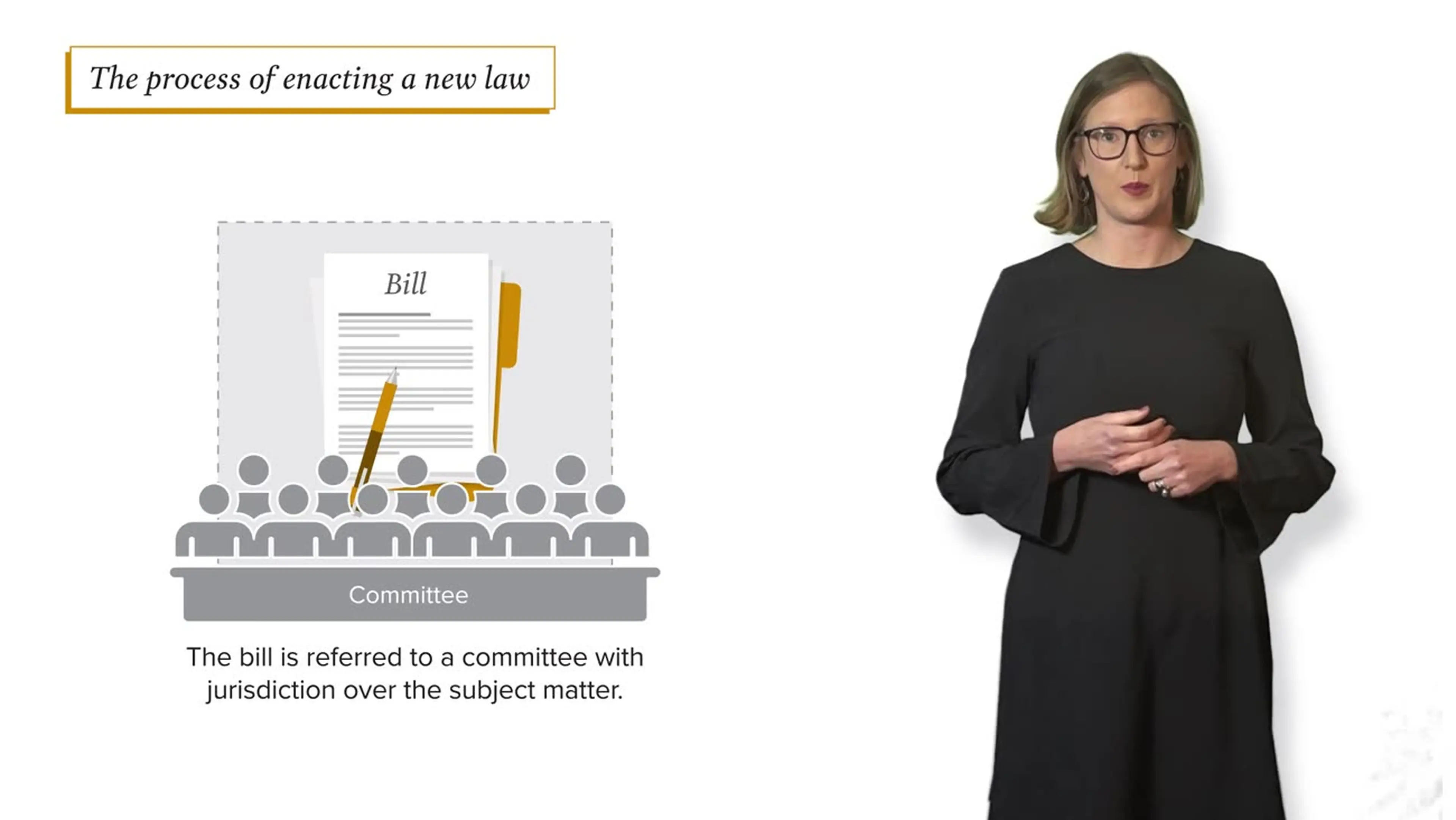 Video still showing a presenter beside a bill-to-committee diagram from a civic education animation series