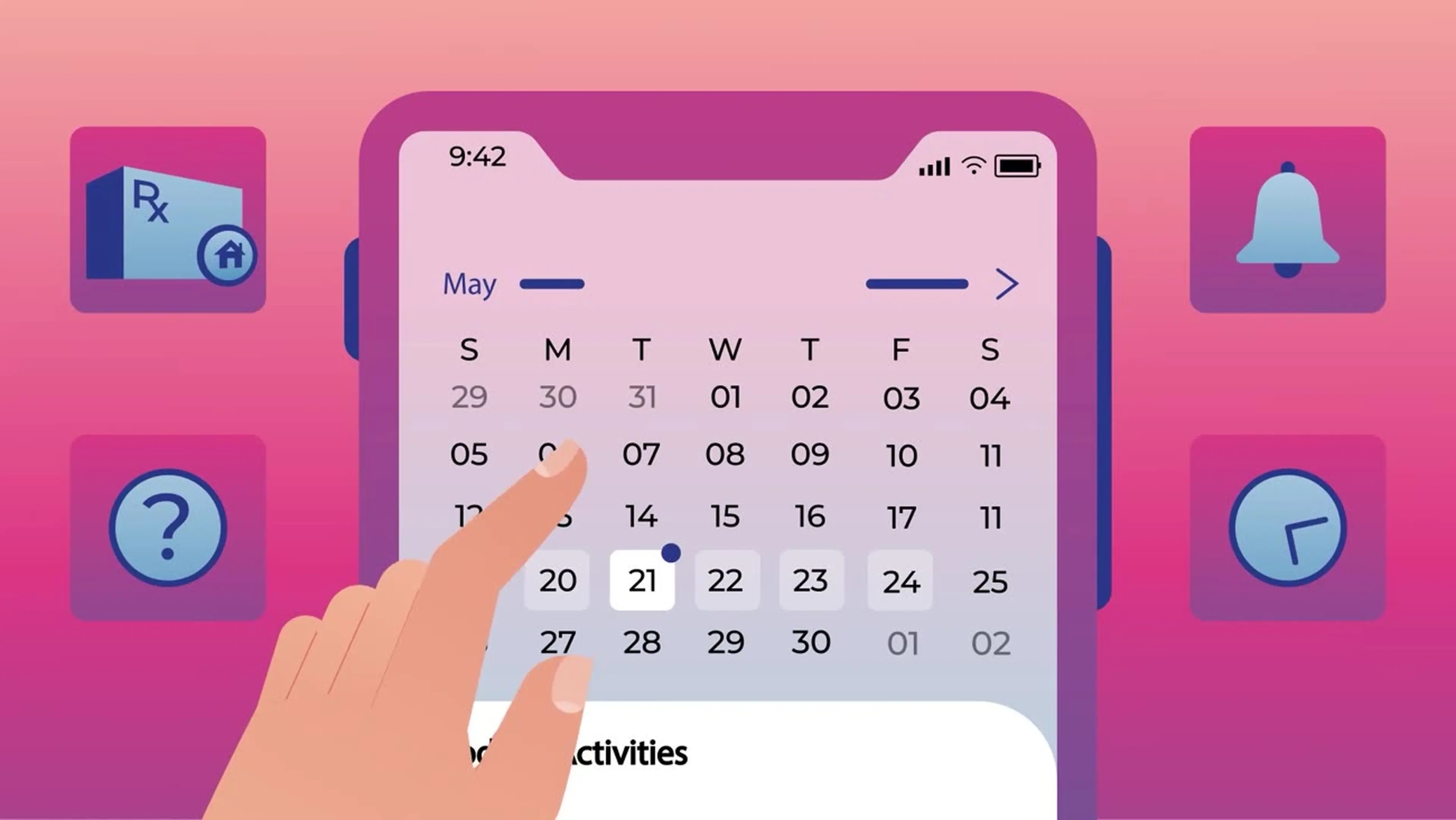 Animated hand tapping a May calendar in a mobile app UI, with Rx and notification icons