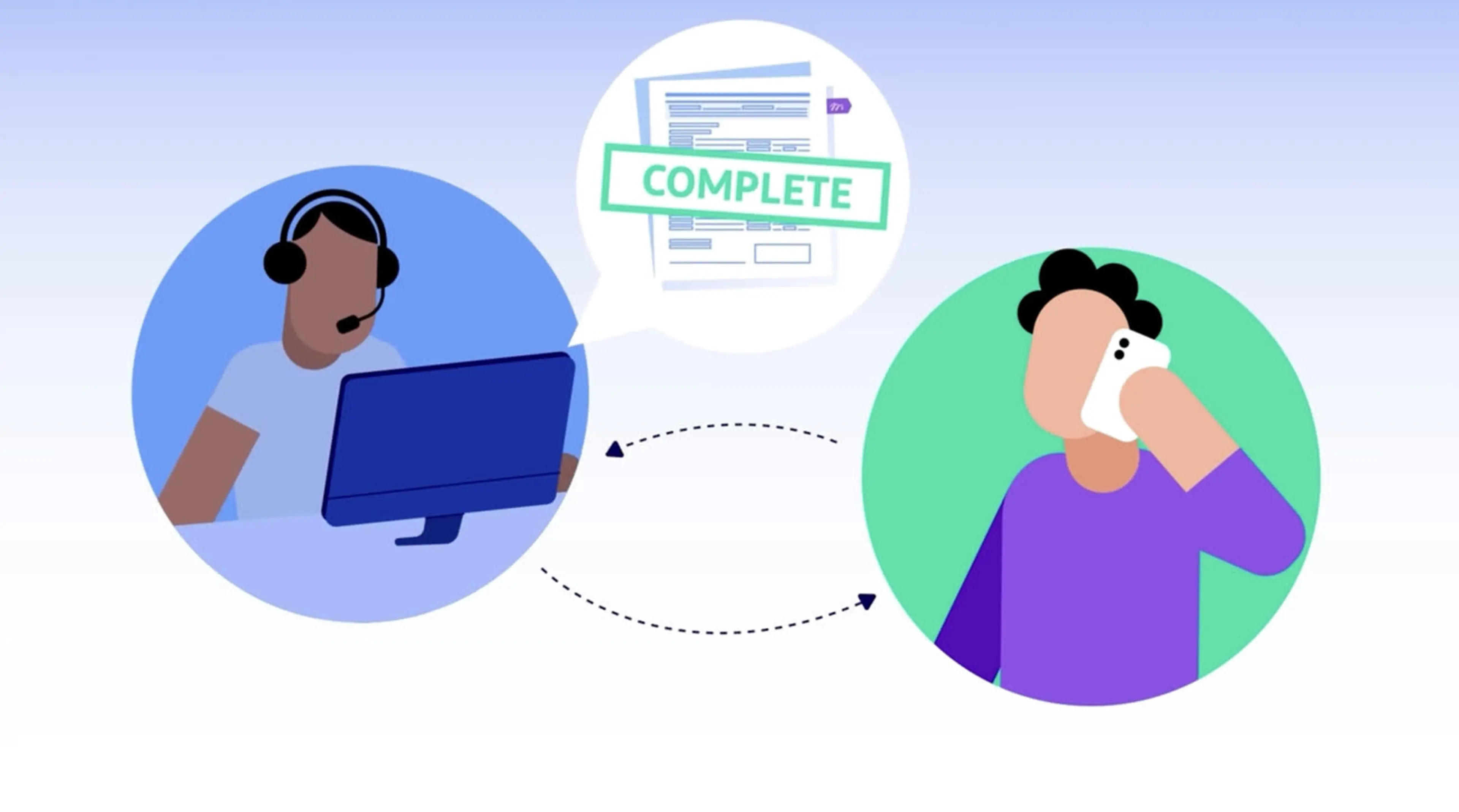 Animated scene of a support agent at a computer exchanging information with a job candidate on a phone call