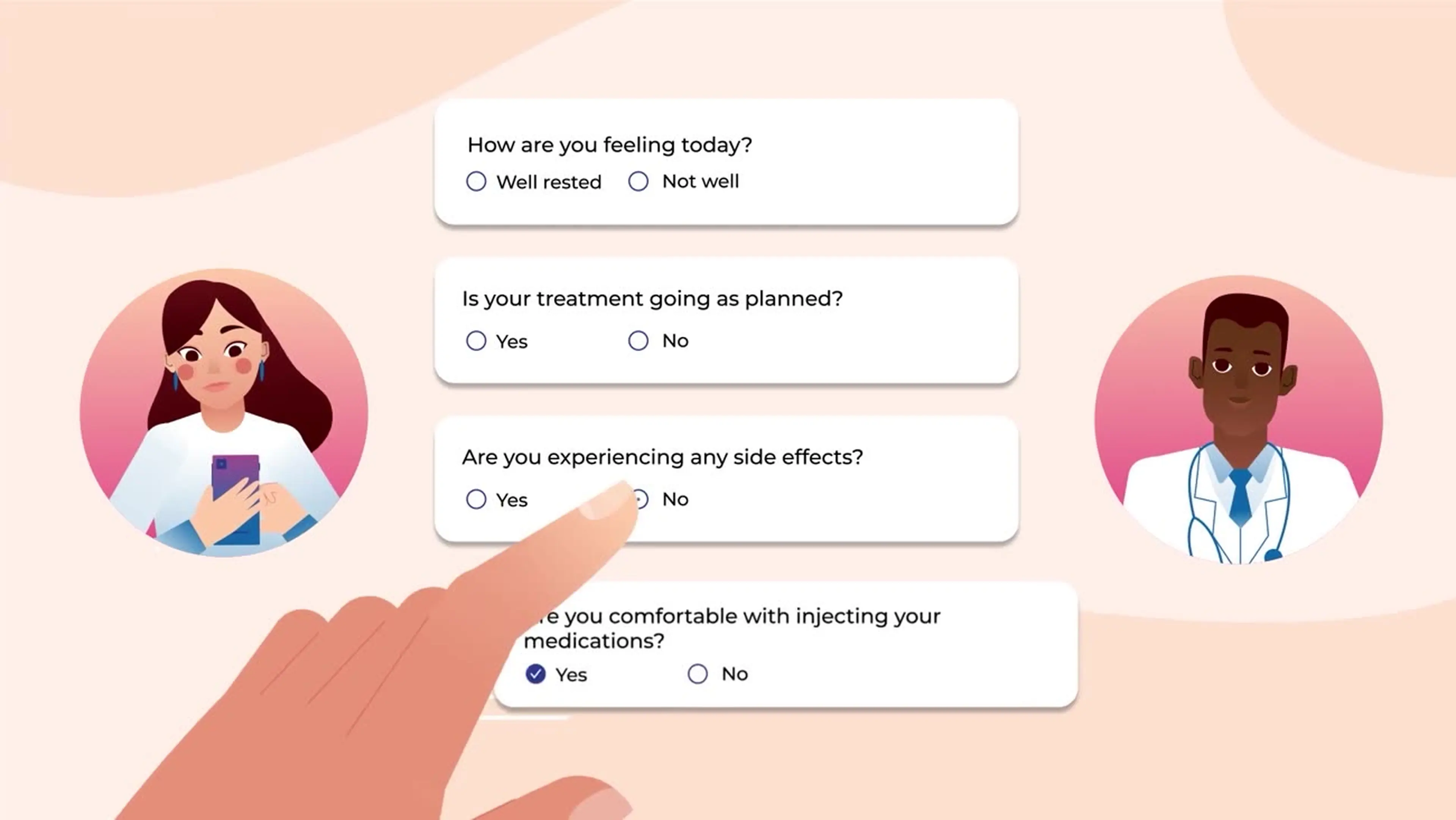 Animated patient and doctor with a treatment check-in survey in a SaaS onboarding video