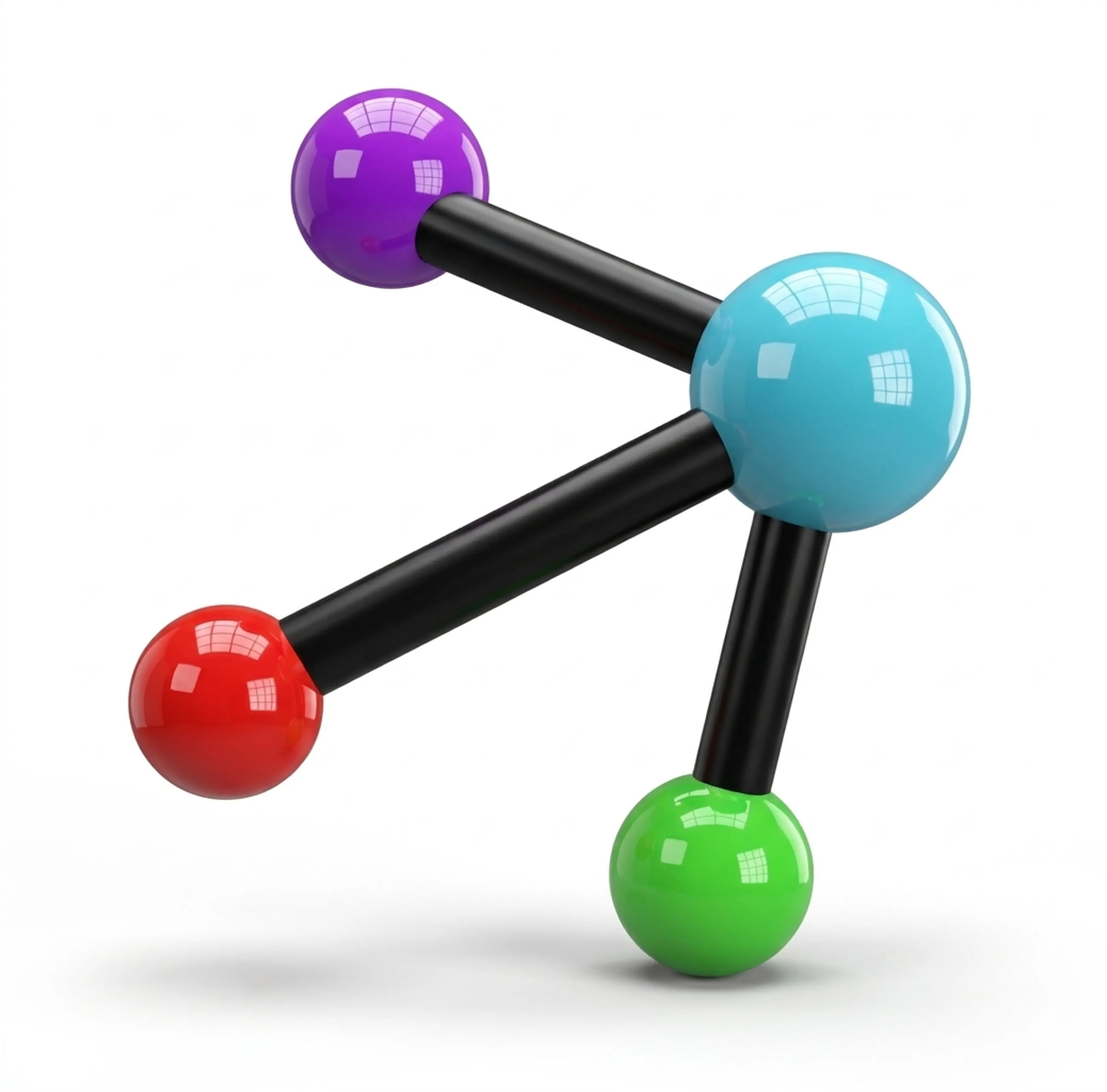 3D molecular node illustration with purple, cyan, red, and green spheres on black rods