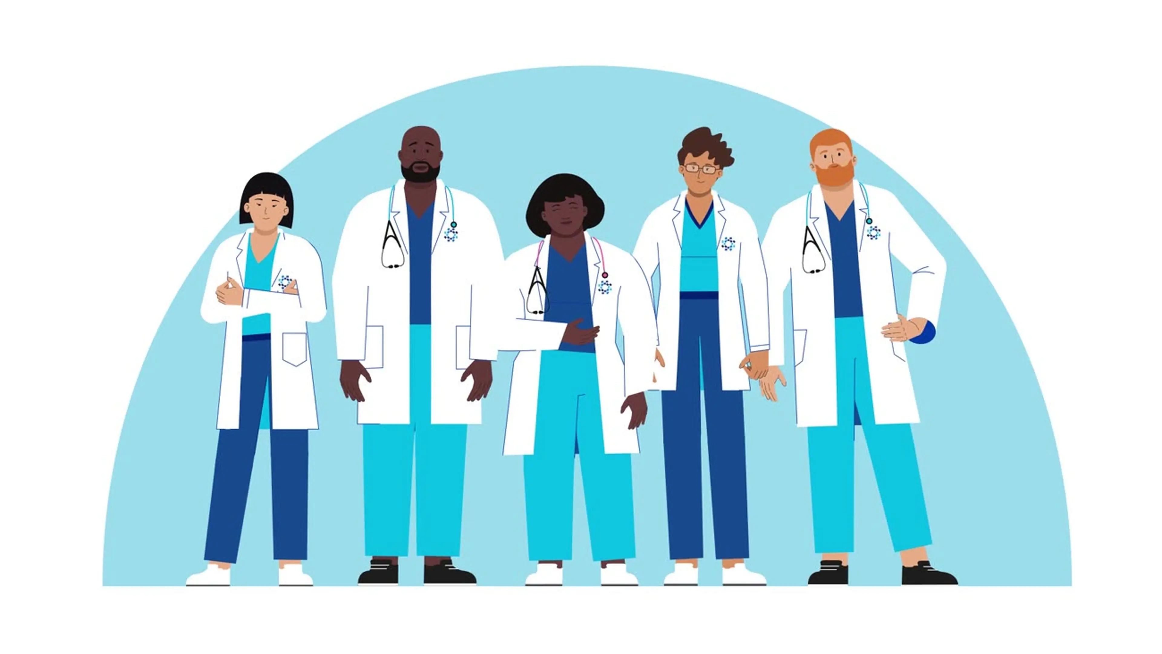 Animated diverse healthcare team in white coats and scrubs, from a Motifmotion recruitment video