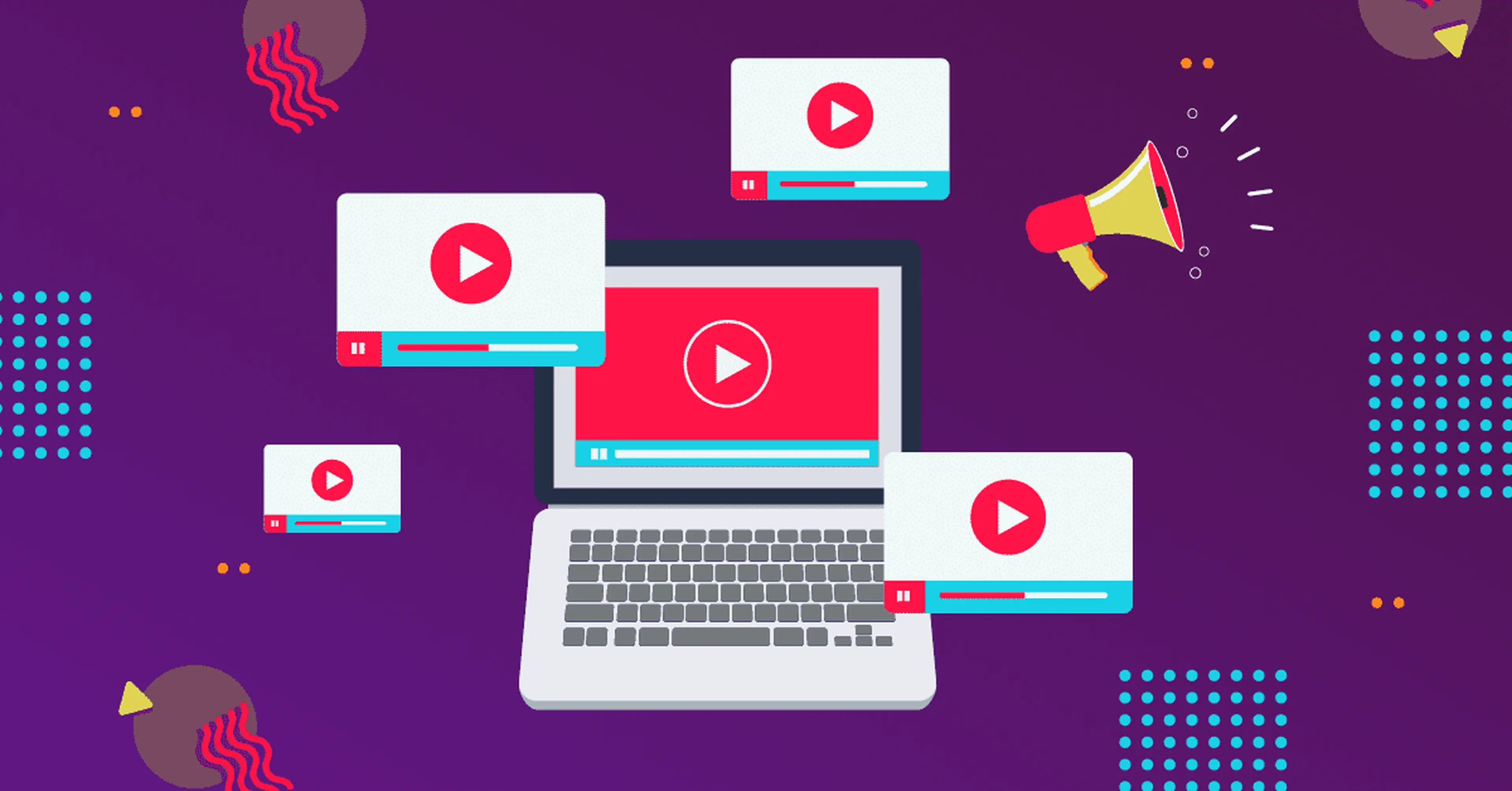Laptop surrounded by multiple video player windows and a megaphone, illustrating video marketing