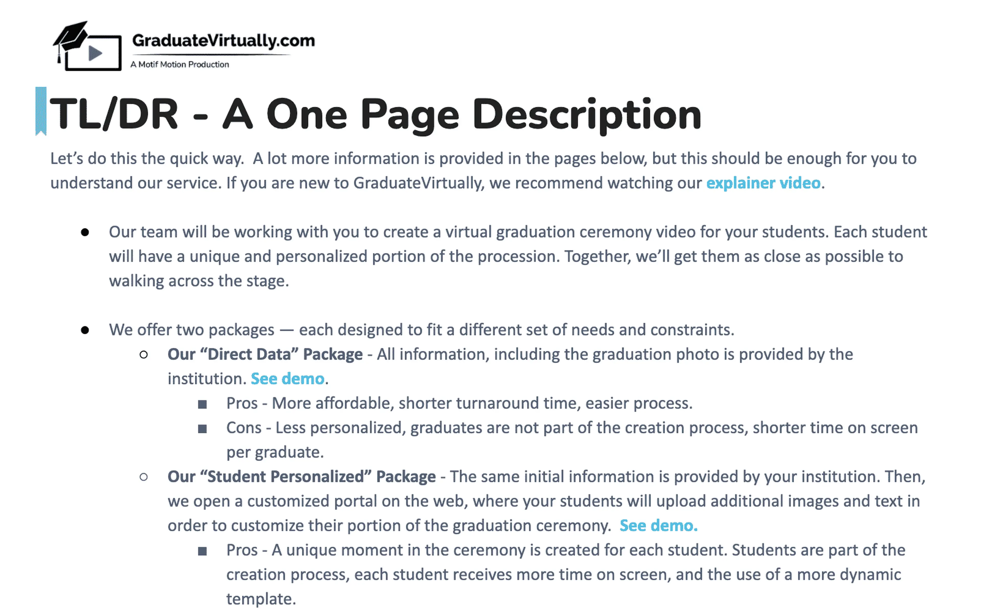 GraduateVirtually.com service overview page listing personalized graduation video packages for institutions
