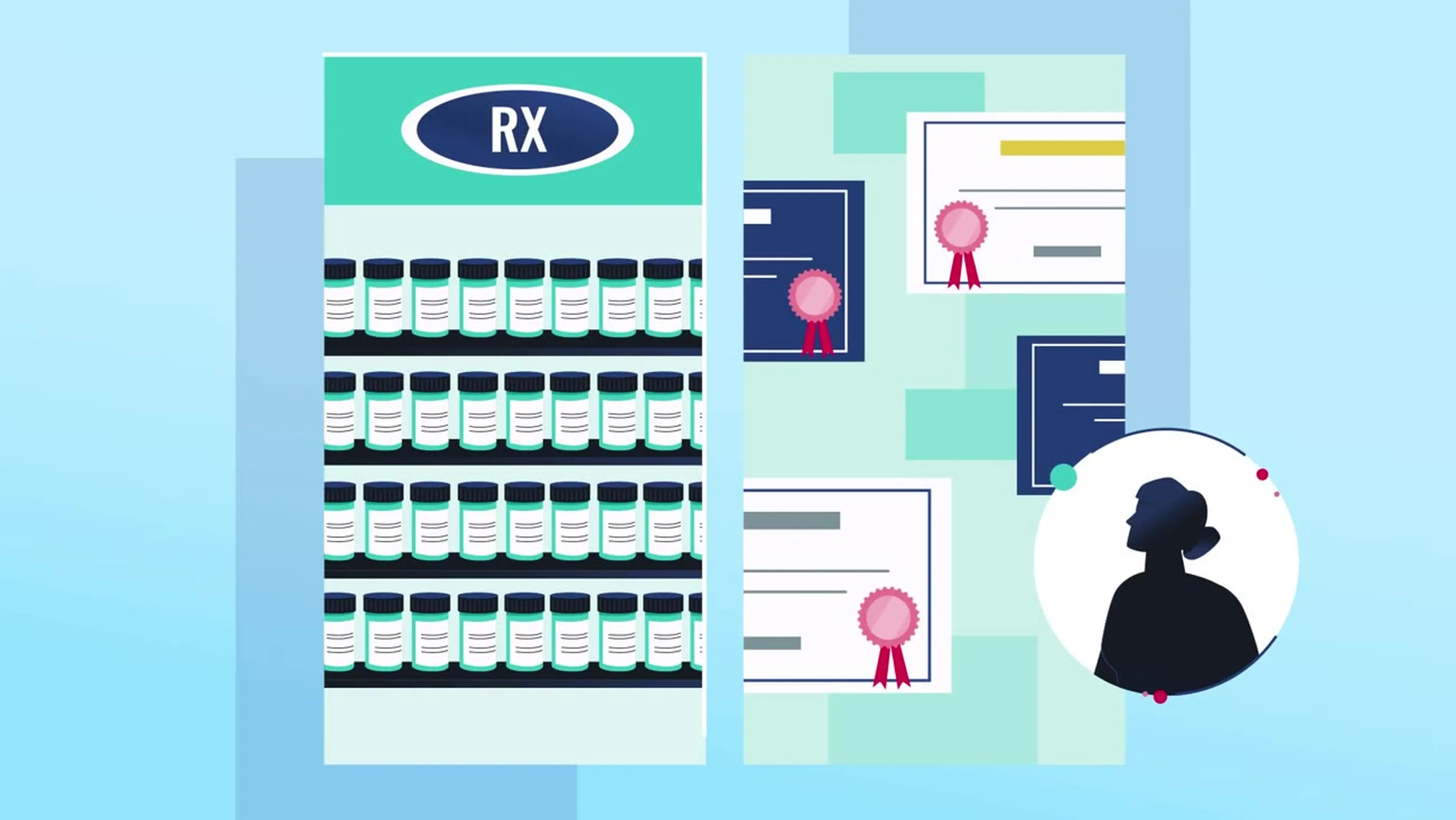 Animated pharmacy training scene with RX medication shelves and certificates, from a Motifmotion explainer video