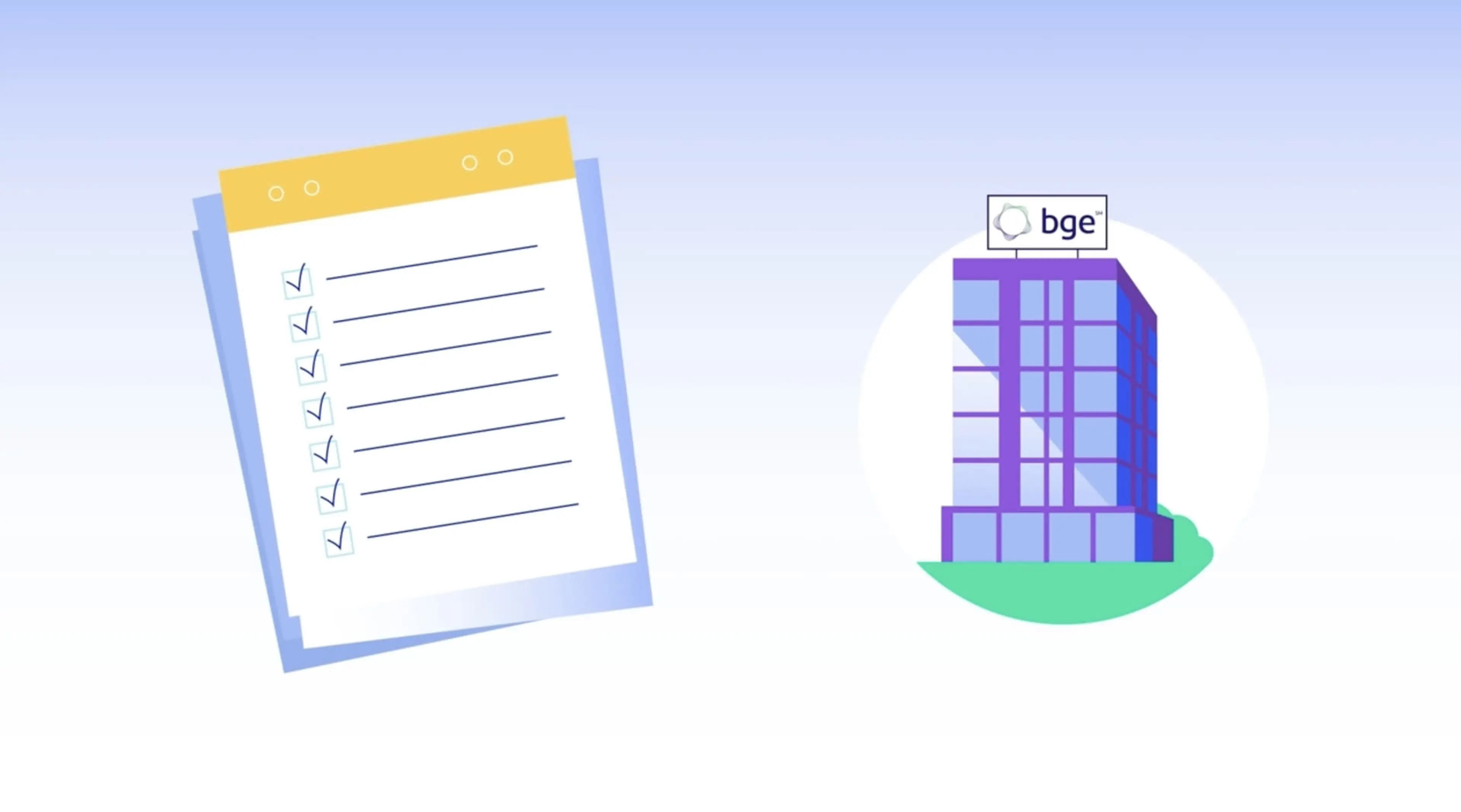 Animated checklist and BGE office building still from an industrial explainer video