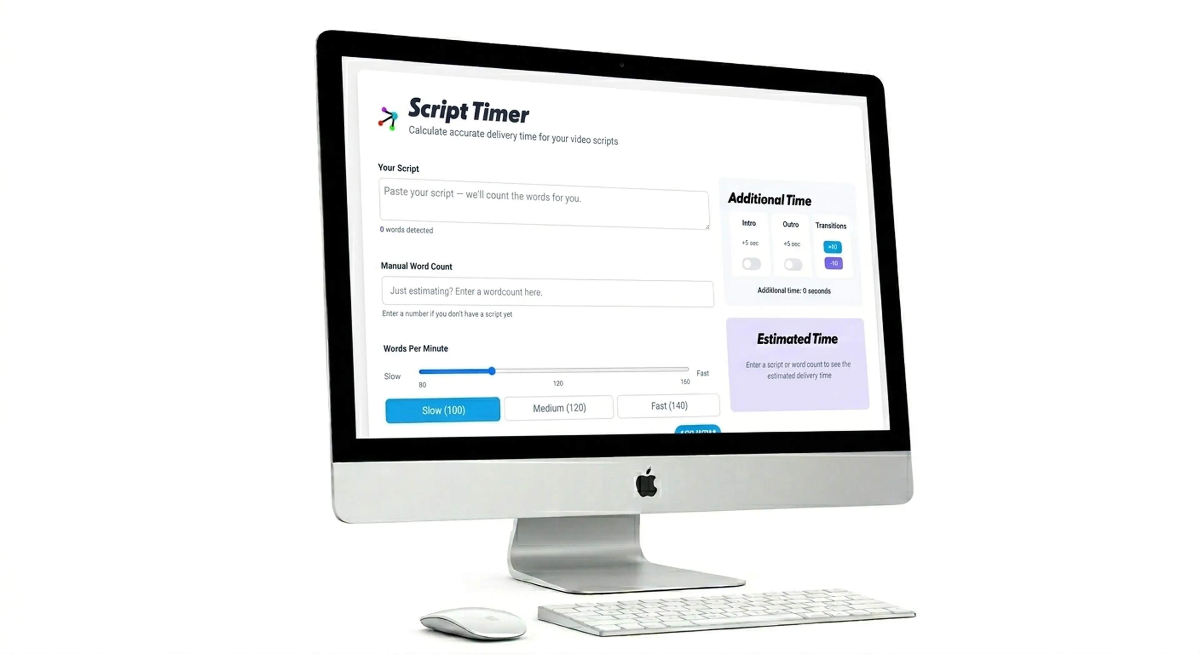 Motifmotion Script Timer tool on a desktop screen — paste a script to estimate video runtime