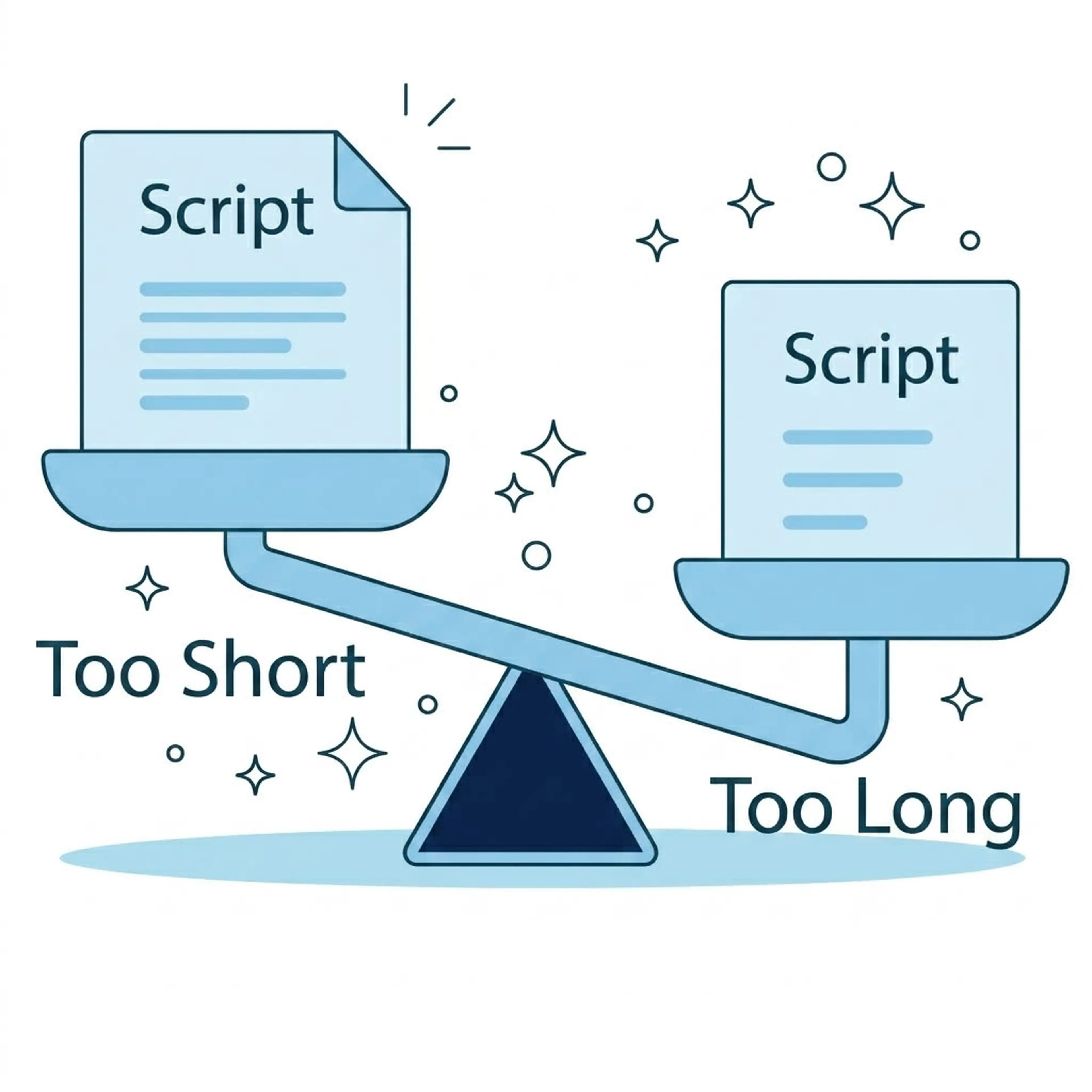 Balance scale with two scripts labeled 'Too Short' and 'Too Long'