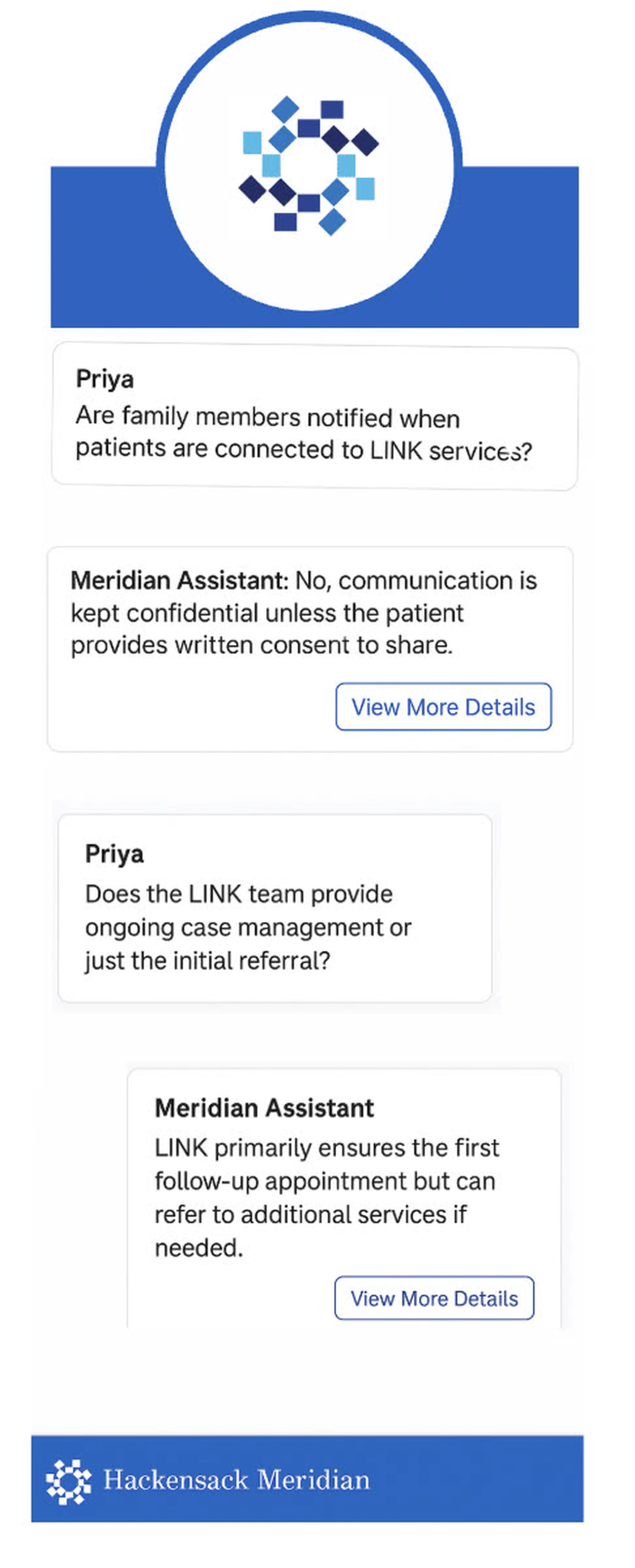 Hackensack Meridian AI chatbot answering patient questions about LINK service confidentiality