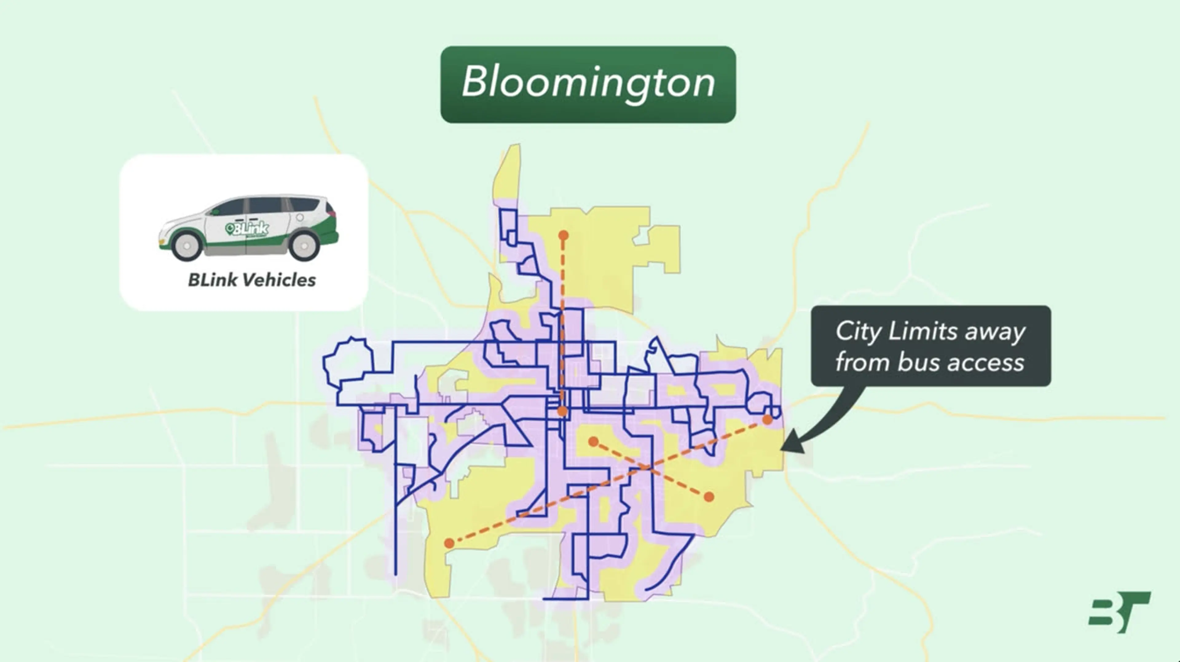 Animated map showing Bloomington BLink vehicle zones, bus routes, and underserved city-limit areas