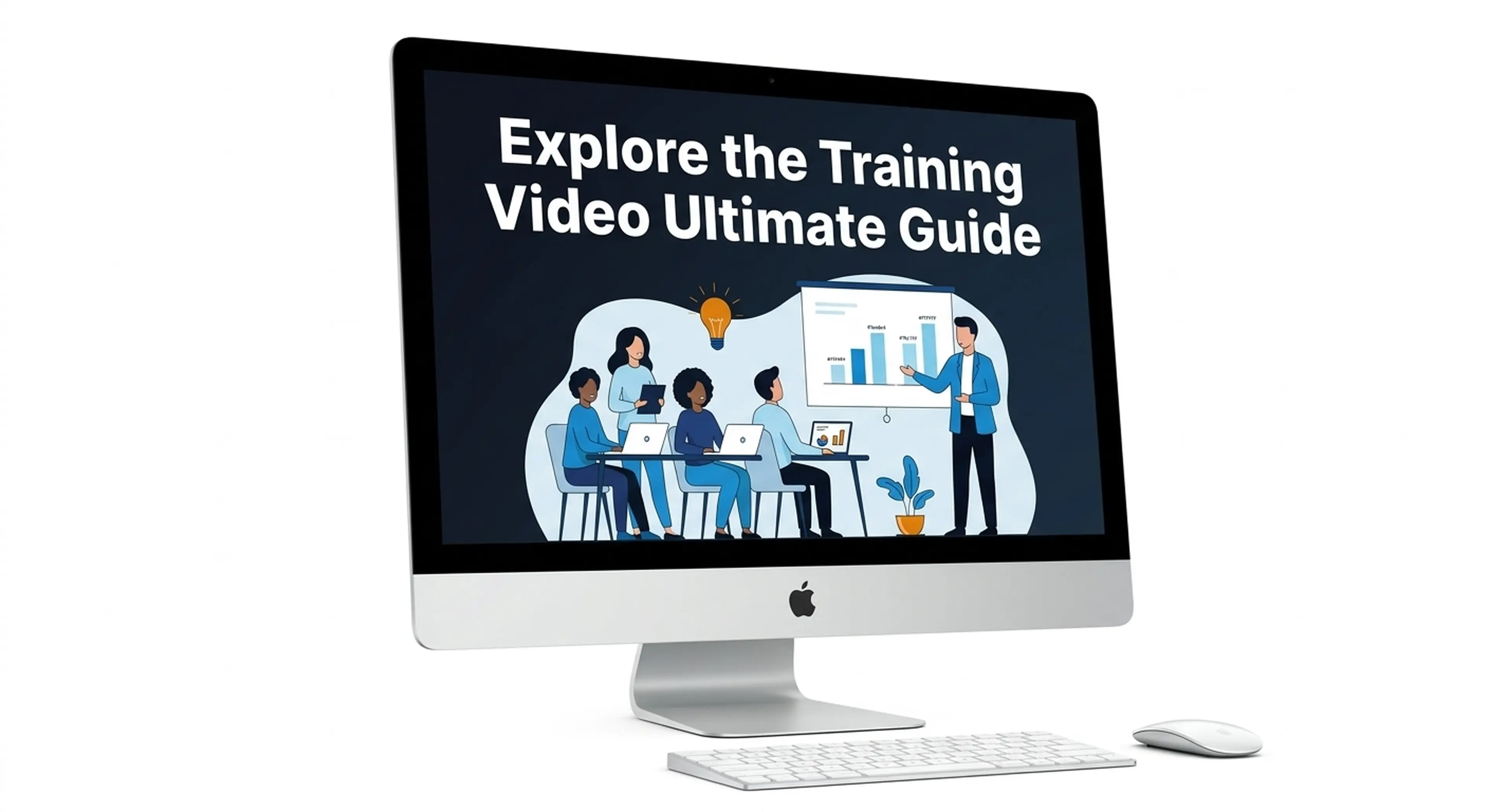 iMac mockup showing the Training Video Ultimate Guide cover with an animated workplace training scene