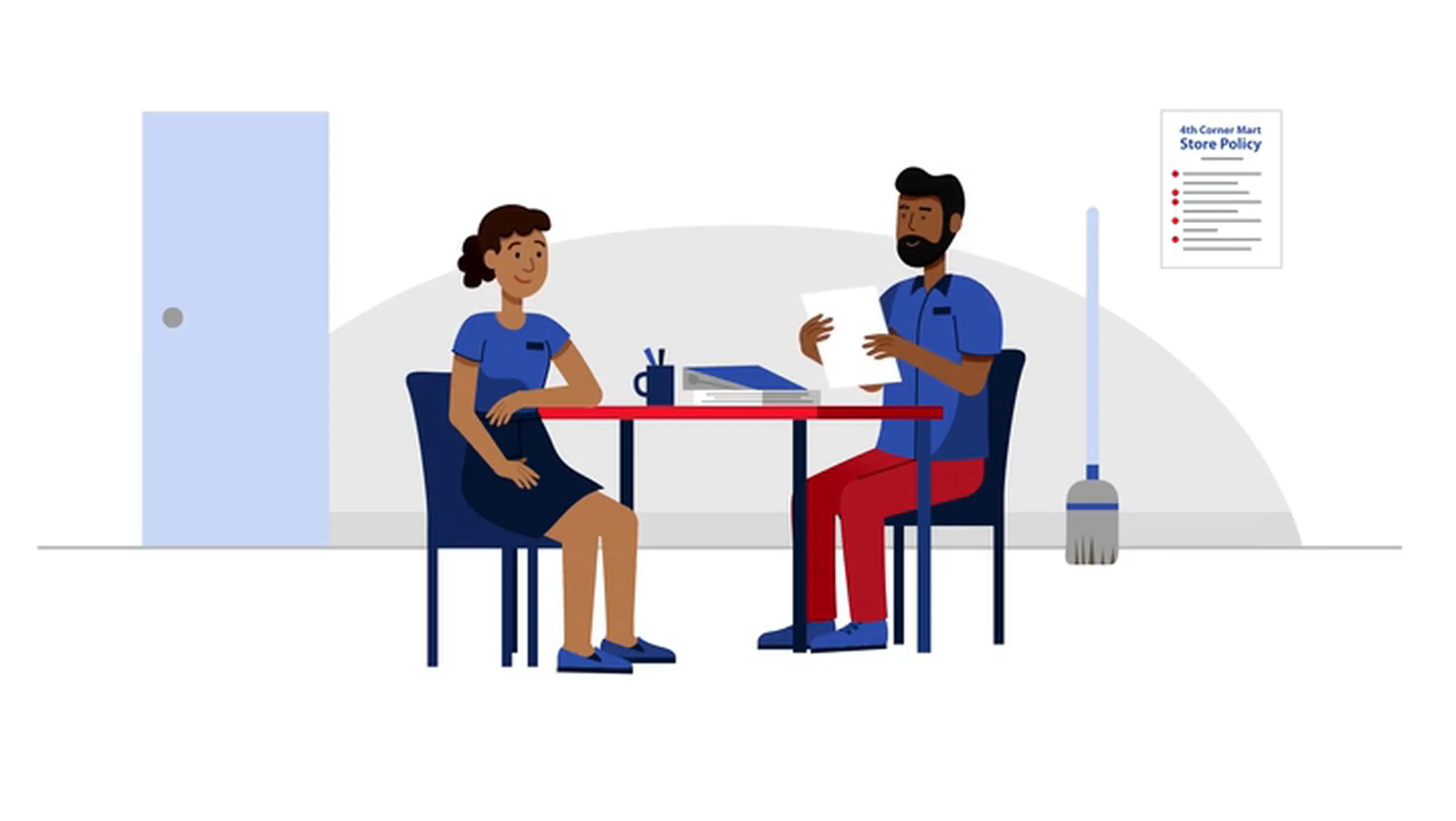 Animated store employee receiving policy training in a scene from a Motifmotion corporate training video