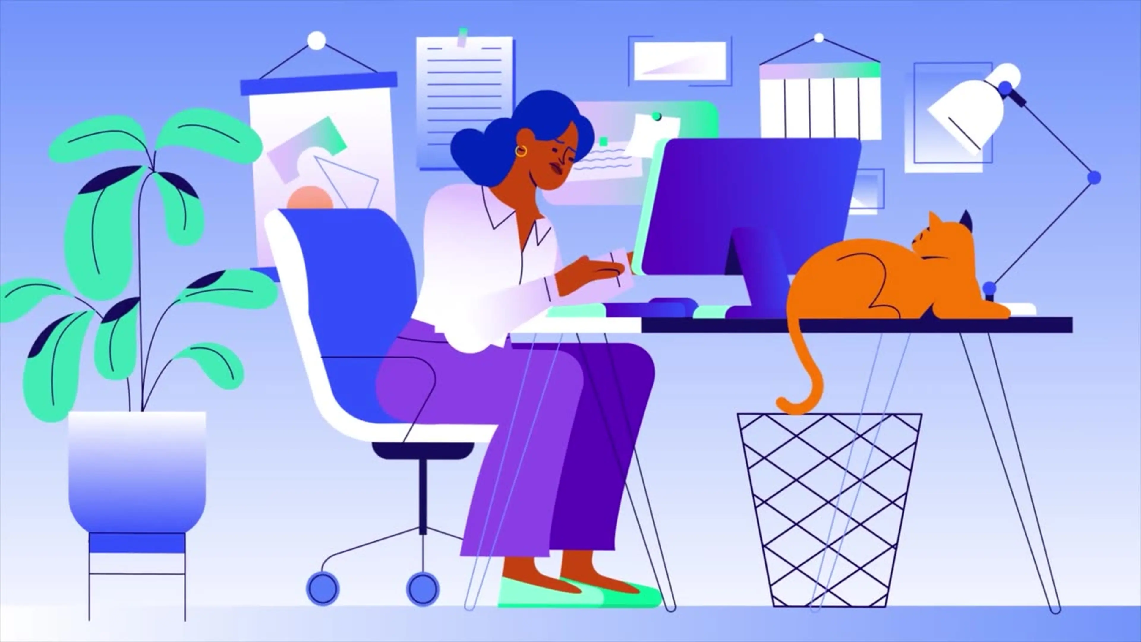 Animated woman working at a desktop computer — still from a PECO user workflow tutorial video