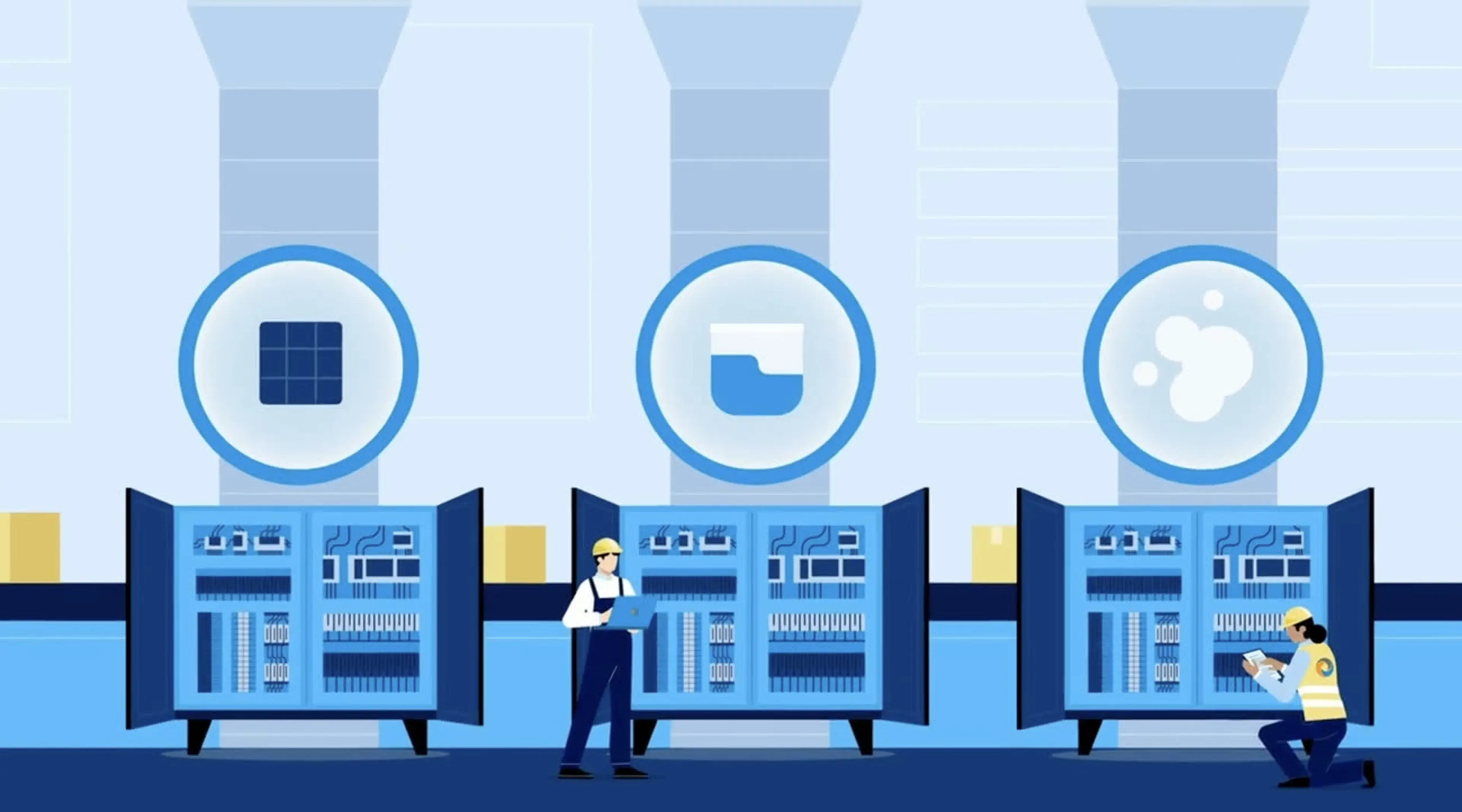 Animated technicians inspecting server racks with solar, water, and cloud icons — Motifmotion industrial video