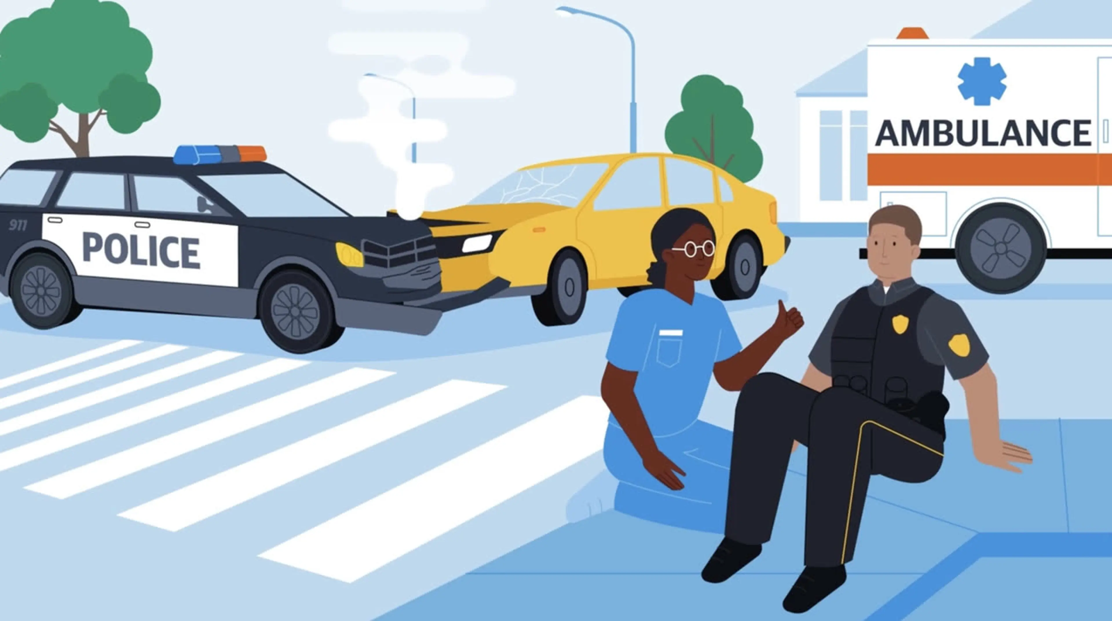Animated nurse assisting an injured officer at a car accident scene — corporate training video still