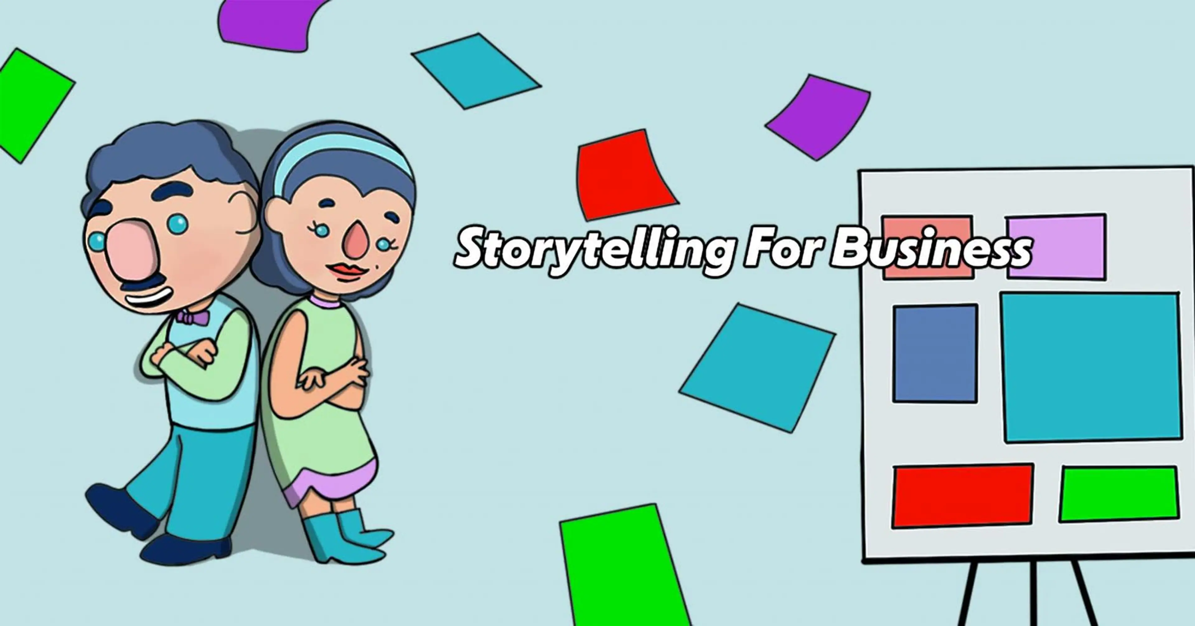 Hero illustration for the Storytelling Techniques for Business guide — animated character with speech bubble