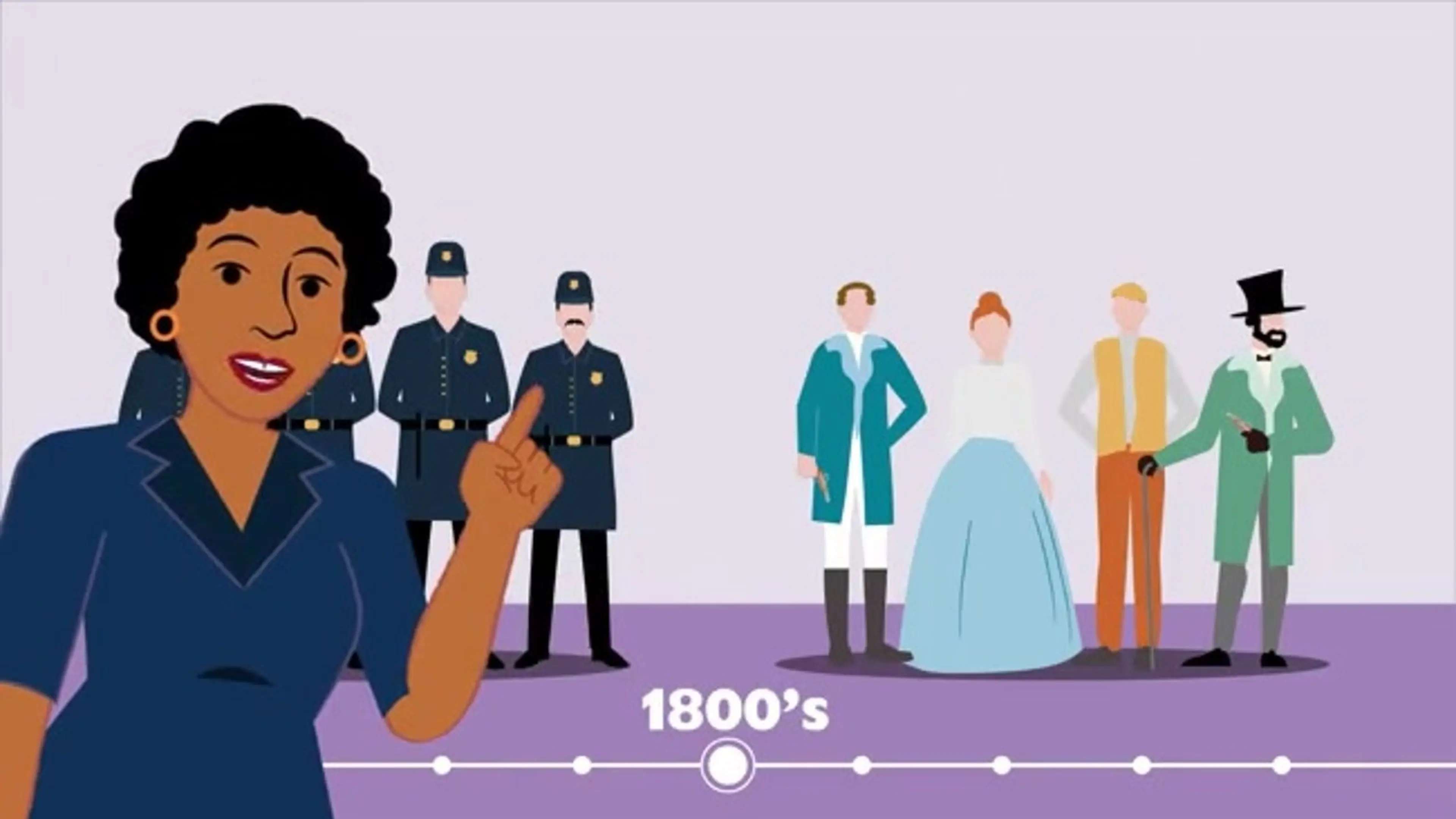Animated WHYY history-series still — an animated host presents beside illustrated 1800s historical figures