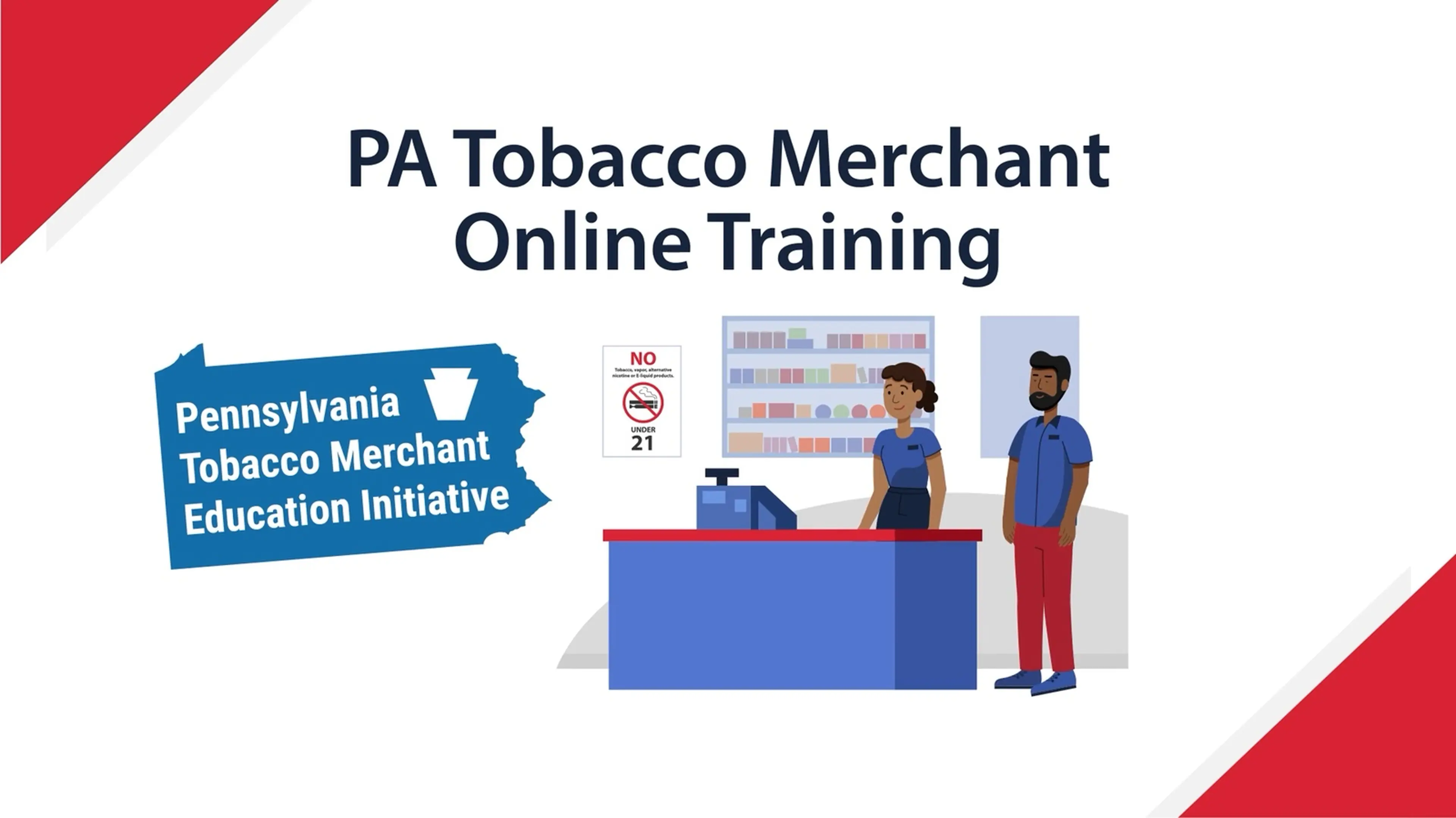 Animated convenience-store counter scene with two characters from the PA Tobacco Merchant online training — full-scene training video still