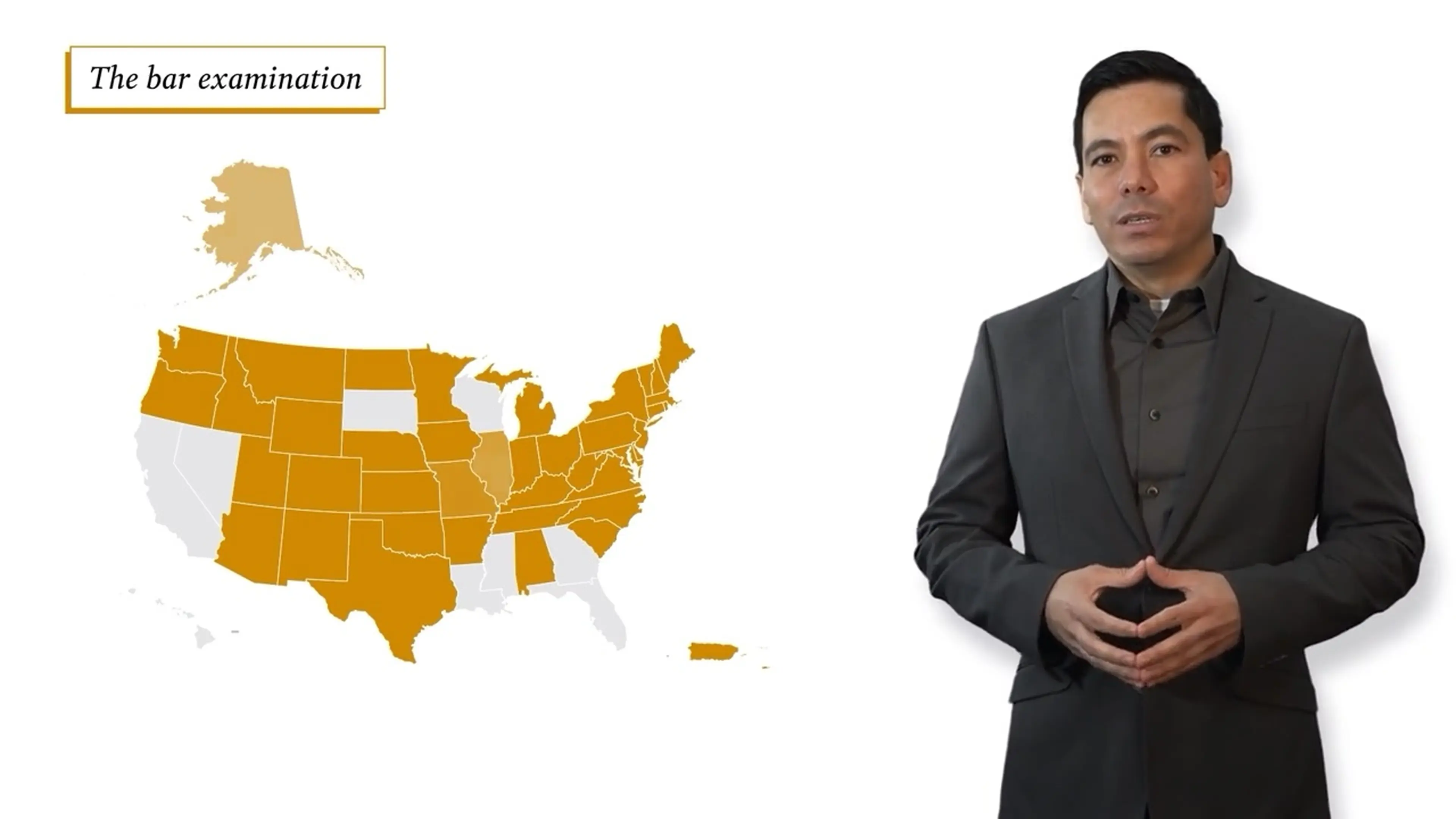 Live-action presenter beside an animated U.S. map titled ‘The bar examination’ — AccessLex training video still
