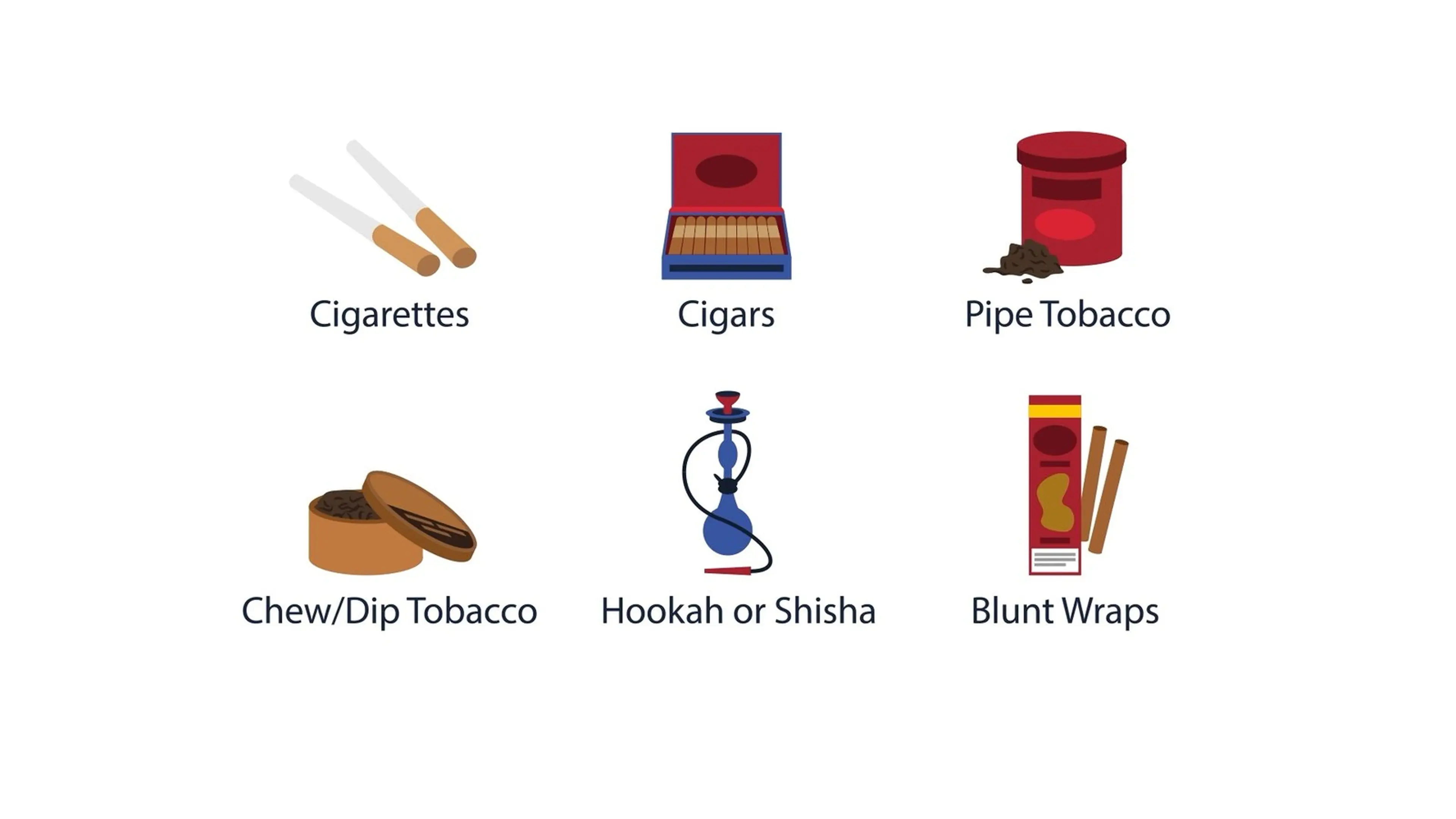Labeled icons of six tobacco products, from cigarettes to blunt wraps, from the PA Tobacco Merchant online training: moderate-tier training video still