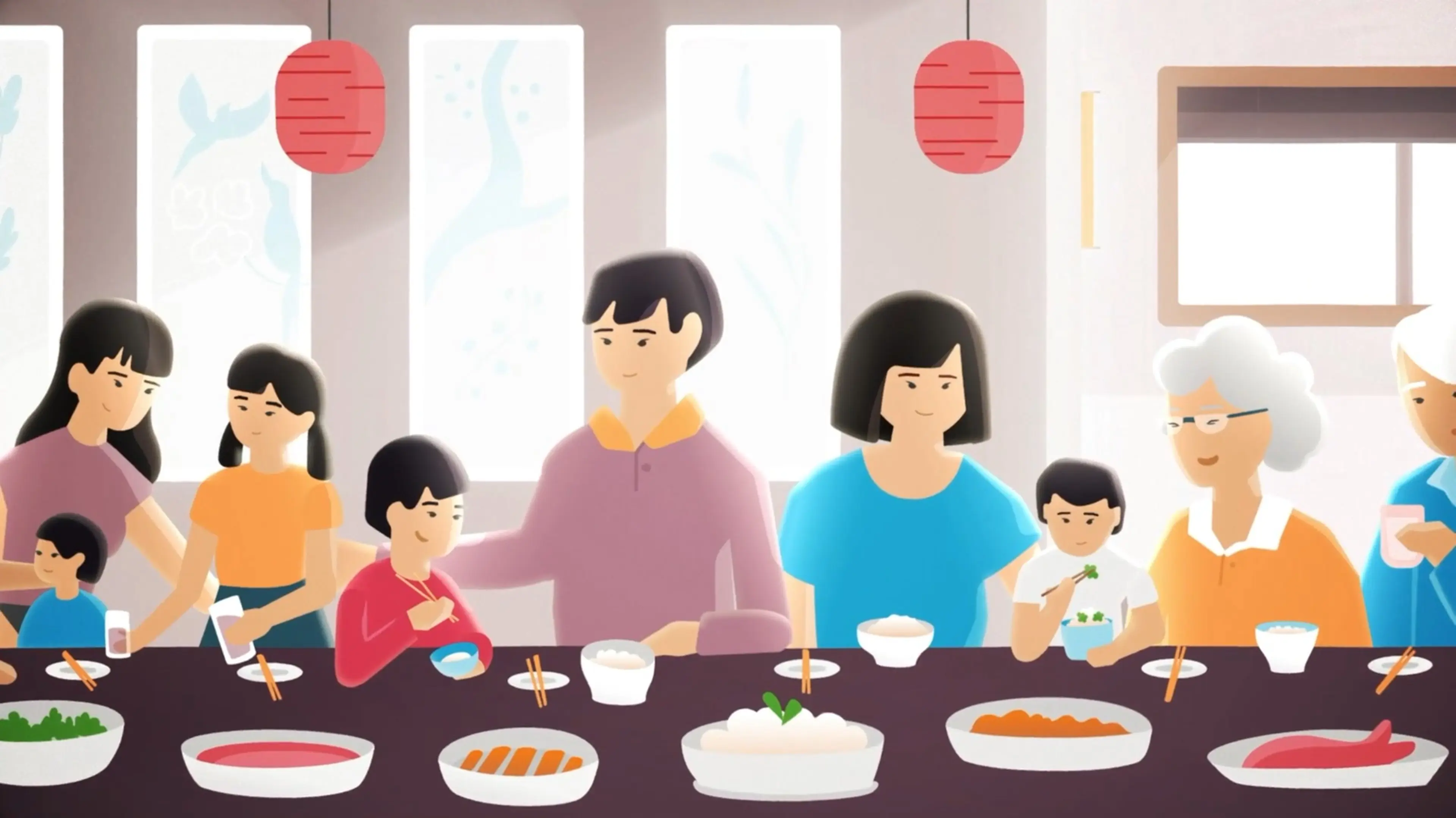 Richly illustrated multi-generational family sharing a meal around a full dinner table — high-end explainer animation still