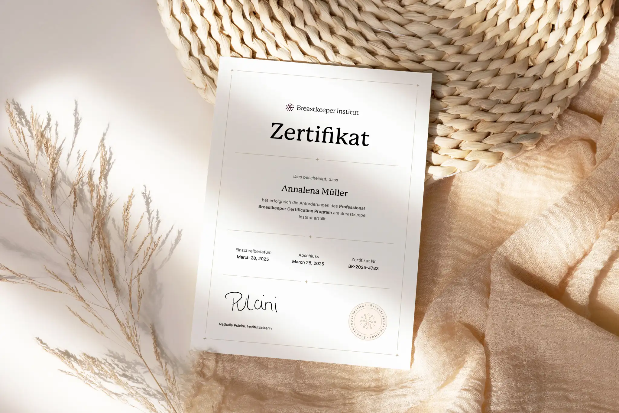 Beispiel-Zertifikat des Professional Breastkeeper Certification Program am Breastkeeper Institut