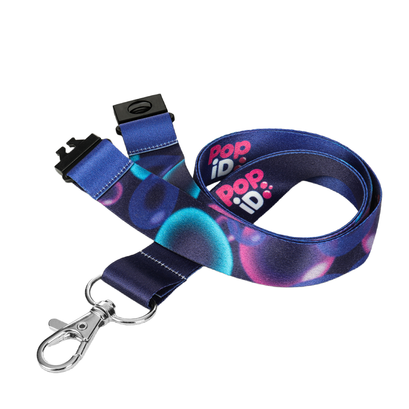 Custom branded dark blue lanyard with printed logo and bubble pattern