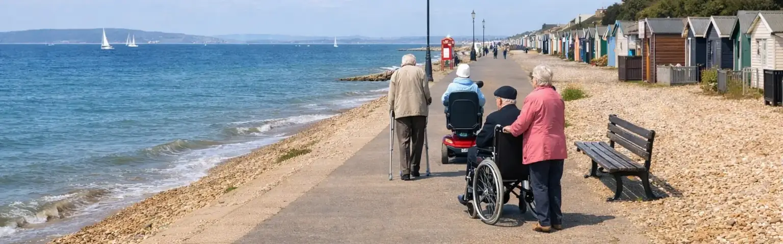 People walking and using a wheelchair along a pebble beach promenade, with a line of colorful beach huts and sailboats in the distance.