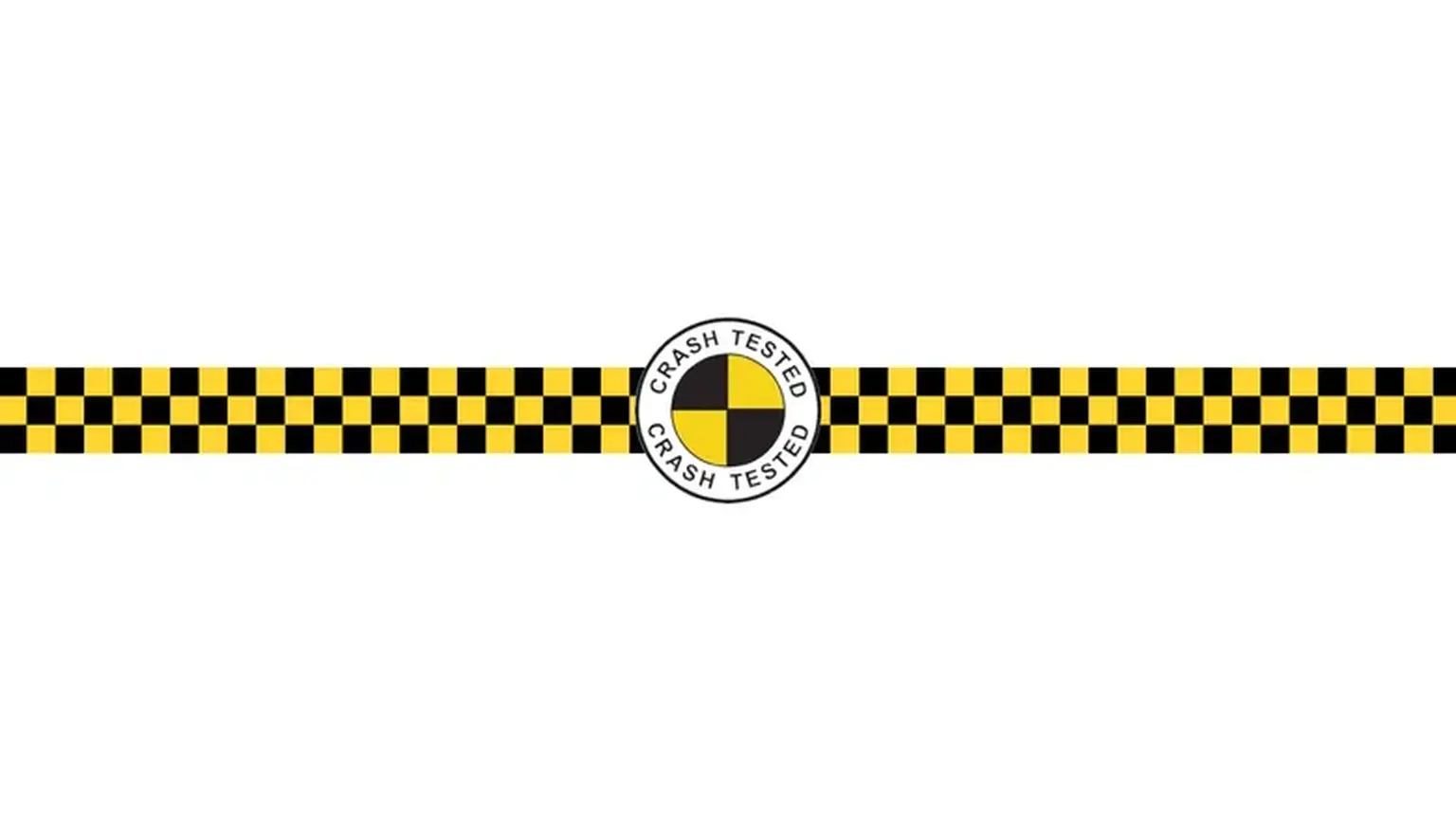 Yellow and black checkered crash test pattern with circular "Crash Tested" label in the center on a white background.