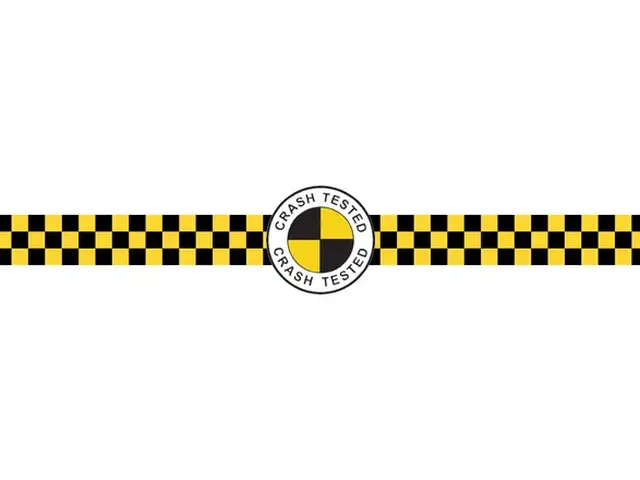 Yellow and black checkered crash test pattern with circular "Crash Tested" label in the center on a white background.