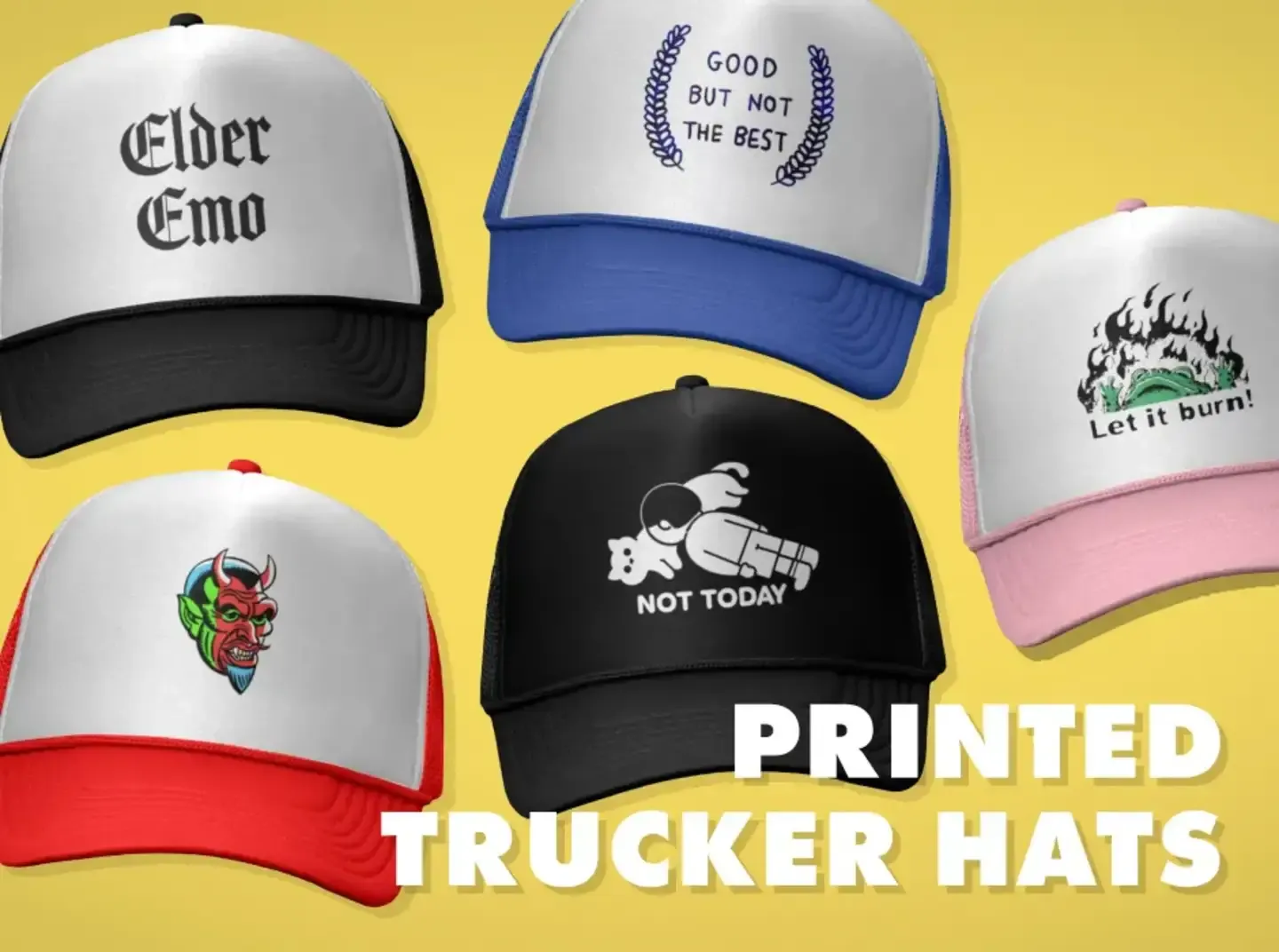 Collection of printed trucker hats including Elder Emo, devil graphic and Not Today designs on yellow background.