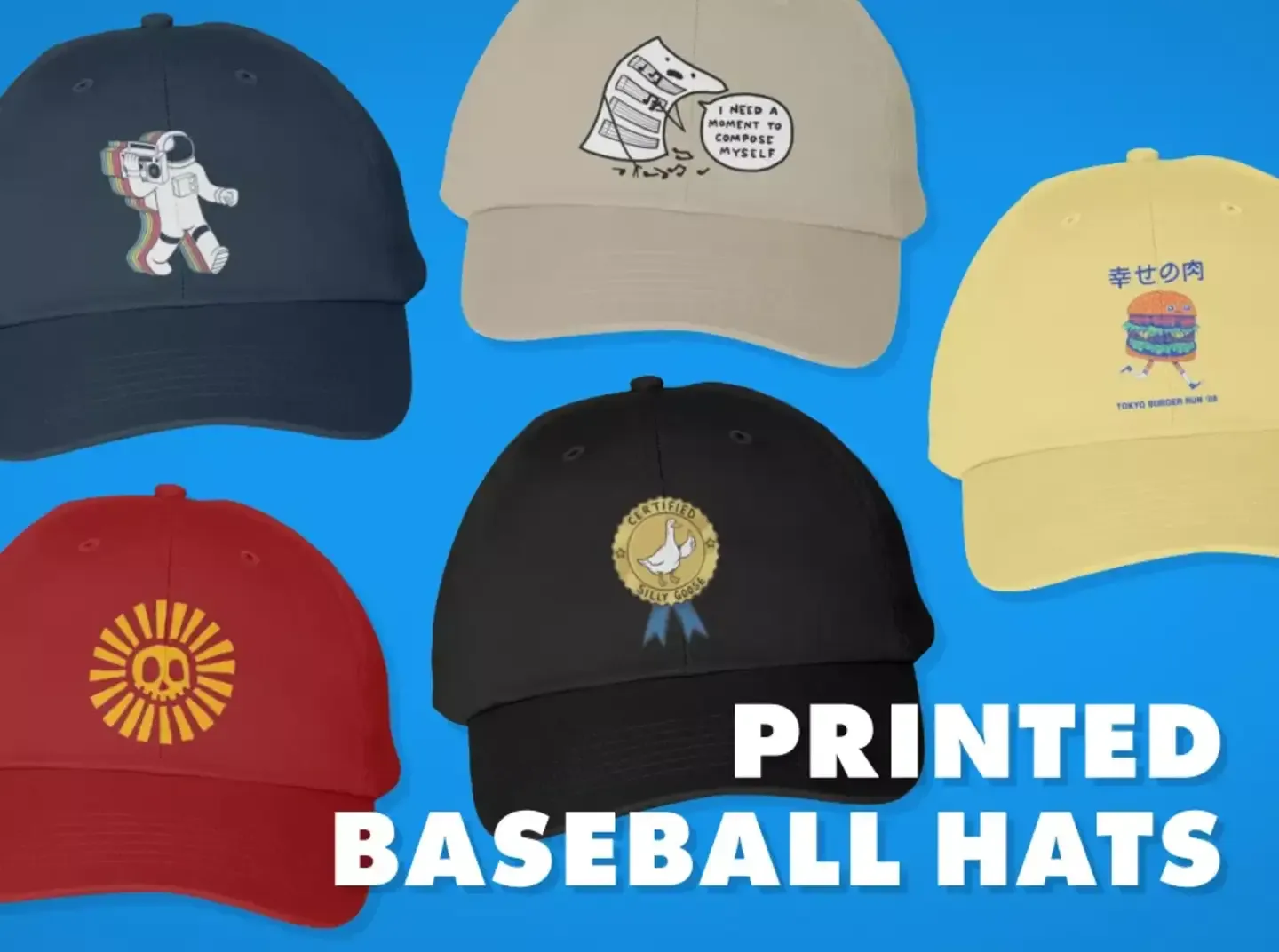 Collection of printed baseball hats including astronaut, sun ray and Japanese burger designs on blue background.