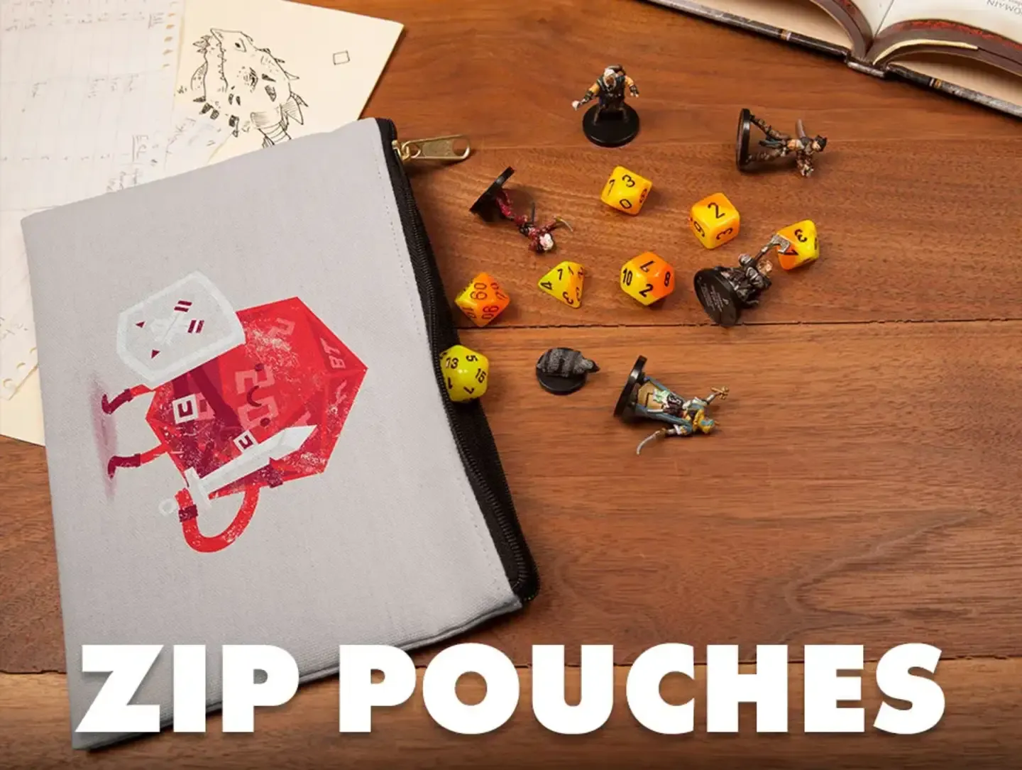 Red pyramid print zip pouch with yellow dice and tabletop game pieces on wood surface with 'Zip Pouches' text.