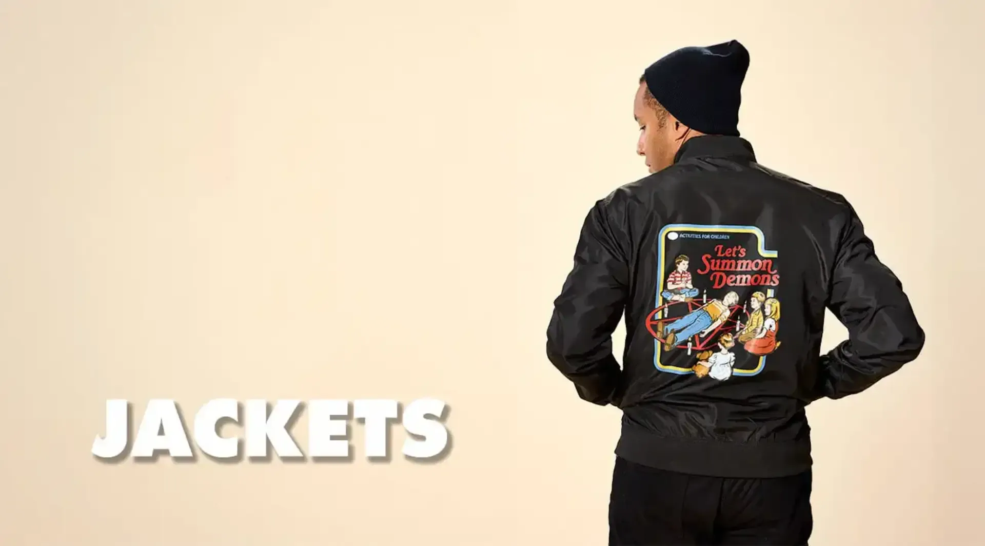 Man in black men's bomber jacket with Steven Rhodes' Let's Summon Demons graphic print on the back