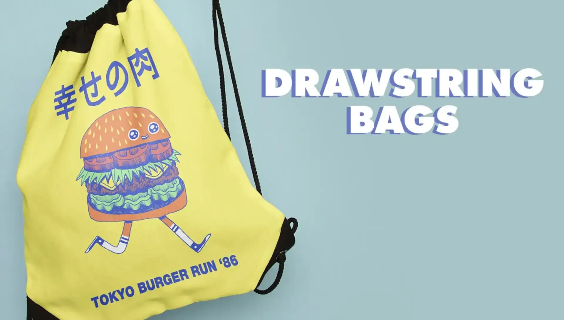 Yellow drawstring bag with Tokyo Burger Run character against light blue backdrop with 'Drawstring Bags' text.