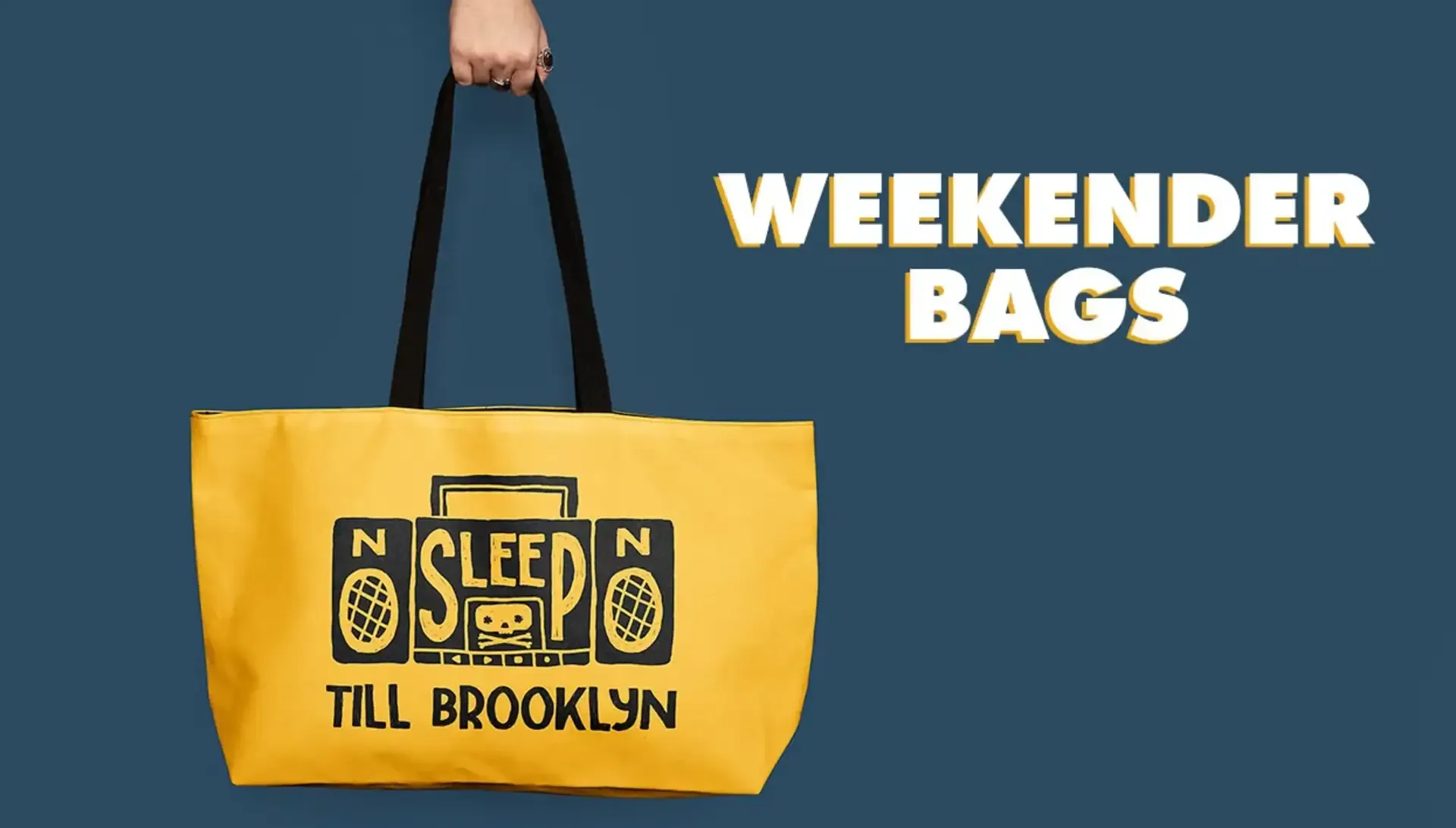 Yellow 'No Sleep Till Brooklyn' weekender duffel bag with stereo design held against navy backdrop.