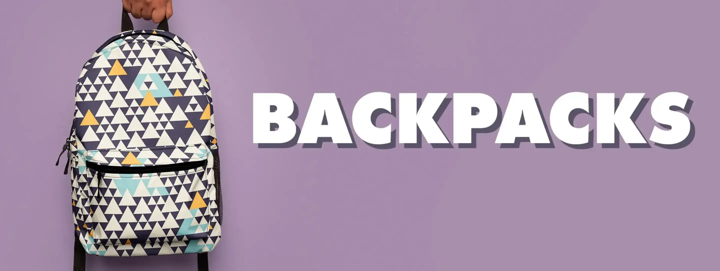 Person carrying triangle pattern backpack against purple wall with 'Backpacks' text overlay.