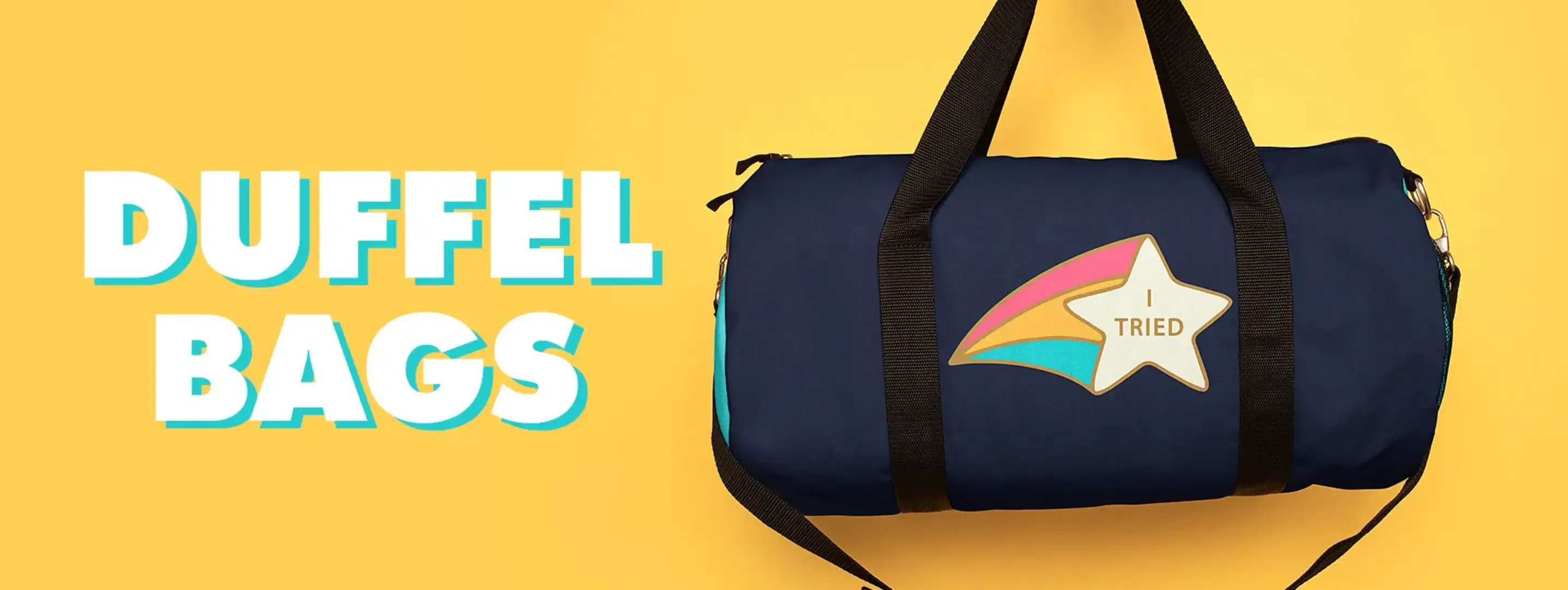 Navy duffel bag with shooting star 'I Tried' design held against yellow background with 'Duffel Bags' text.