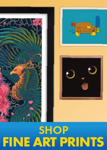 Framed fine art prints with a phoenix, a black cat and a turtle hung on a wall